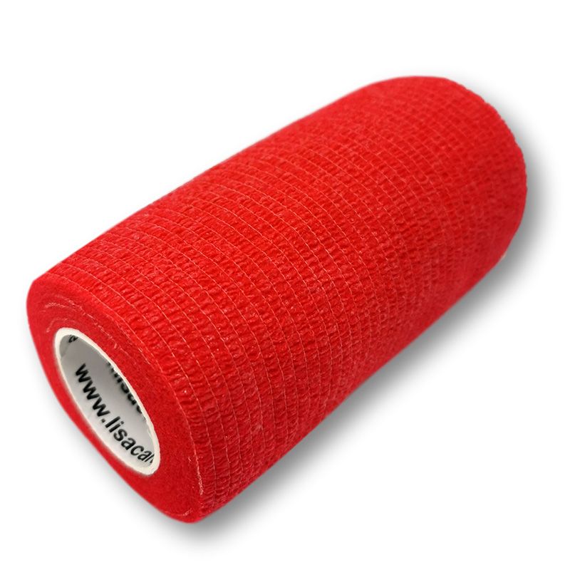 Rote kohäsive Bandage, 10cm x 4,5m. Selbsthaftend und elastisch.
