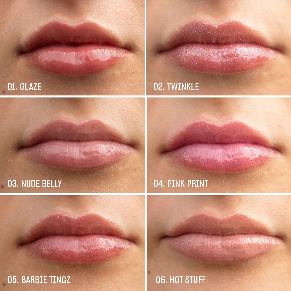 Sei labbra con diversi colori di lucidalabbra. Ogni labbro è numerato e nominato: 01. Glaze, 02. Twinkle, 03. Nude Belly, 04. Pink Print, 05. Barbie Tingz, 06. Hot Stuff.