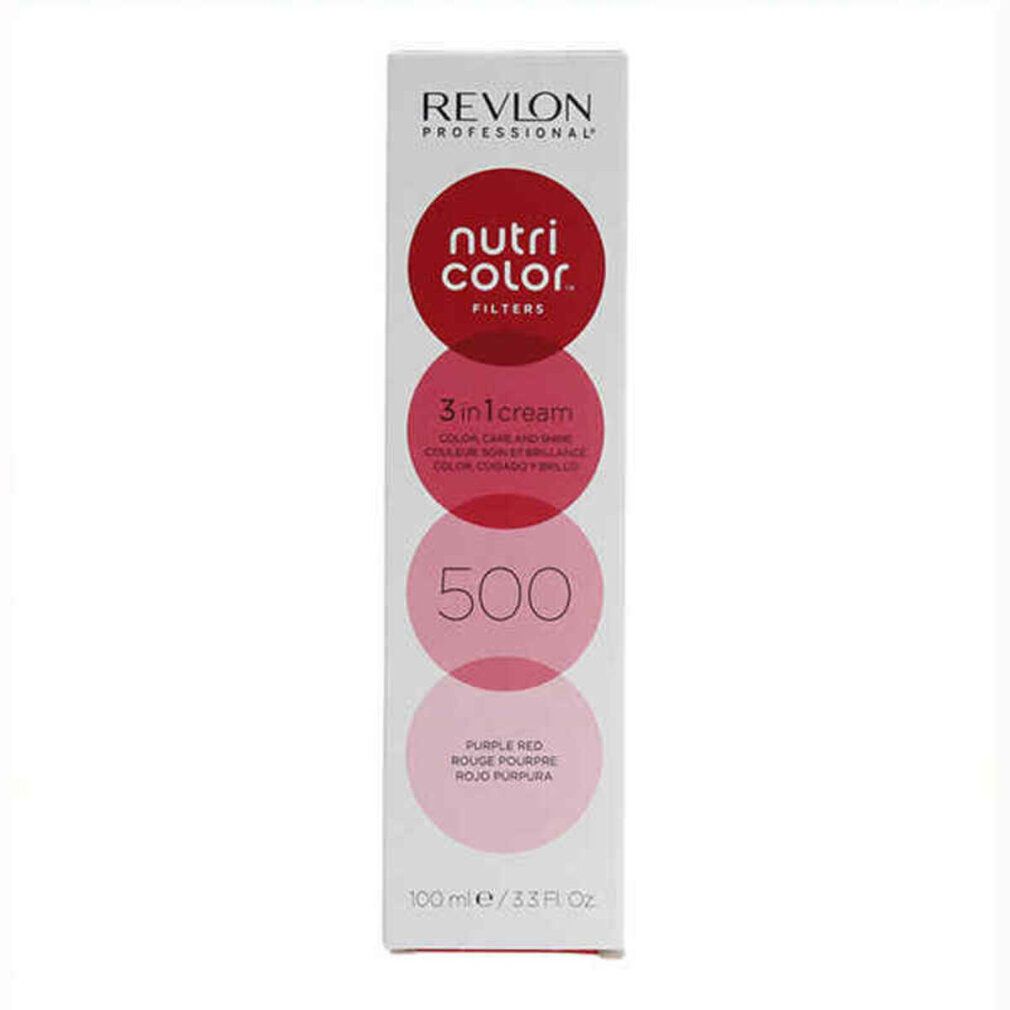 Produktverpackung. Aufschrift: Revlon, Nutri Color Filters, 3 in 1 cream, 500, Purple Red.
