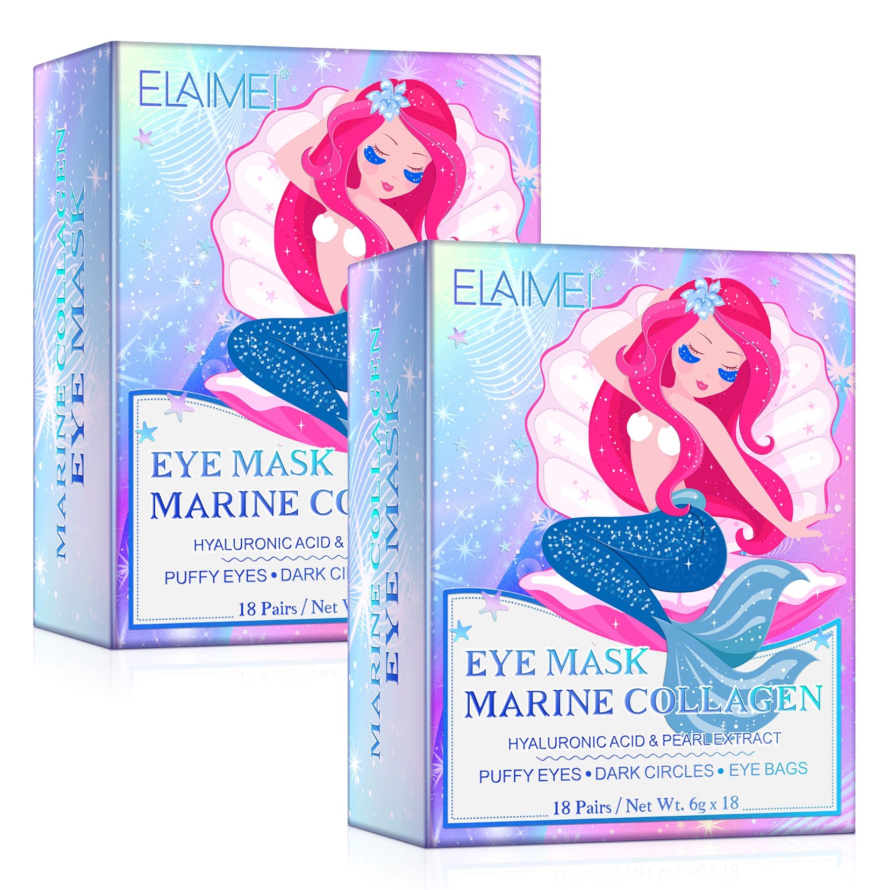 Zwei Produktverpackungen. Auf jeder Verpackung ist eine Meerjungfrau abgebildet. Text: EYE MASK MARINE COLLAGEN.