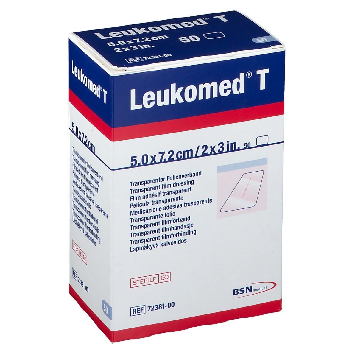 Leukomed T Verpackung. Blaue und weiße Schachtel mit Produktinformationen und Größenangabe.
