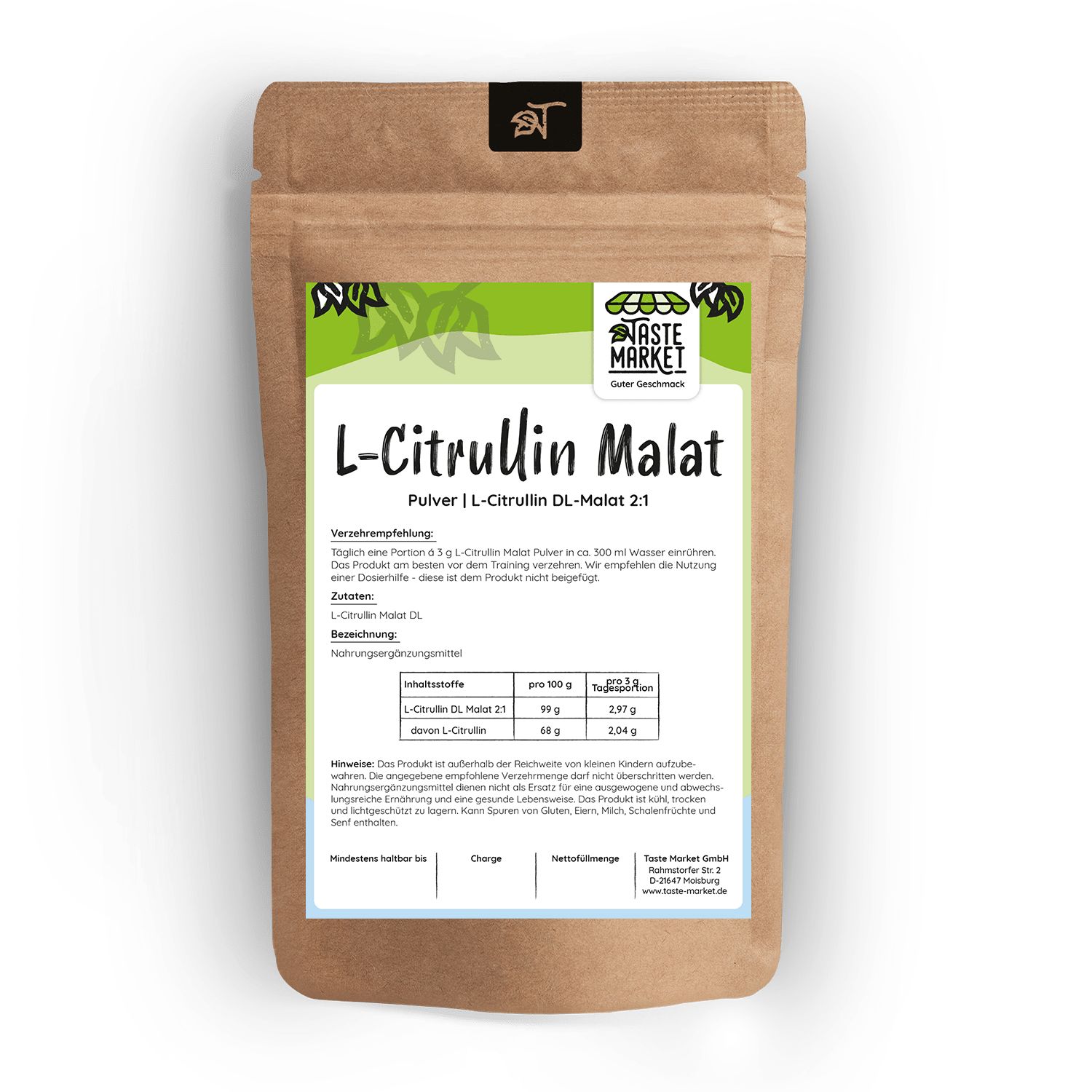 Beutel mit L-Citrullin Malat Pulver. Braune Verpackung mit grünem Etikett und Produktinformationen. Text: L-Citrullin Malat, Pulver, Nährwertangaben.