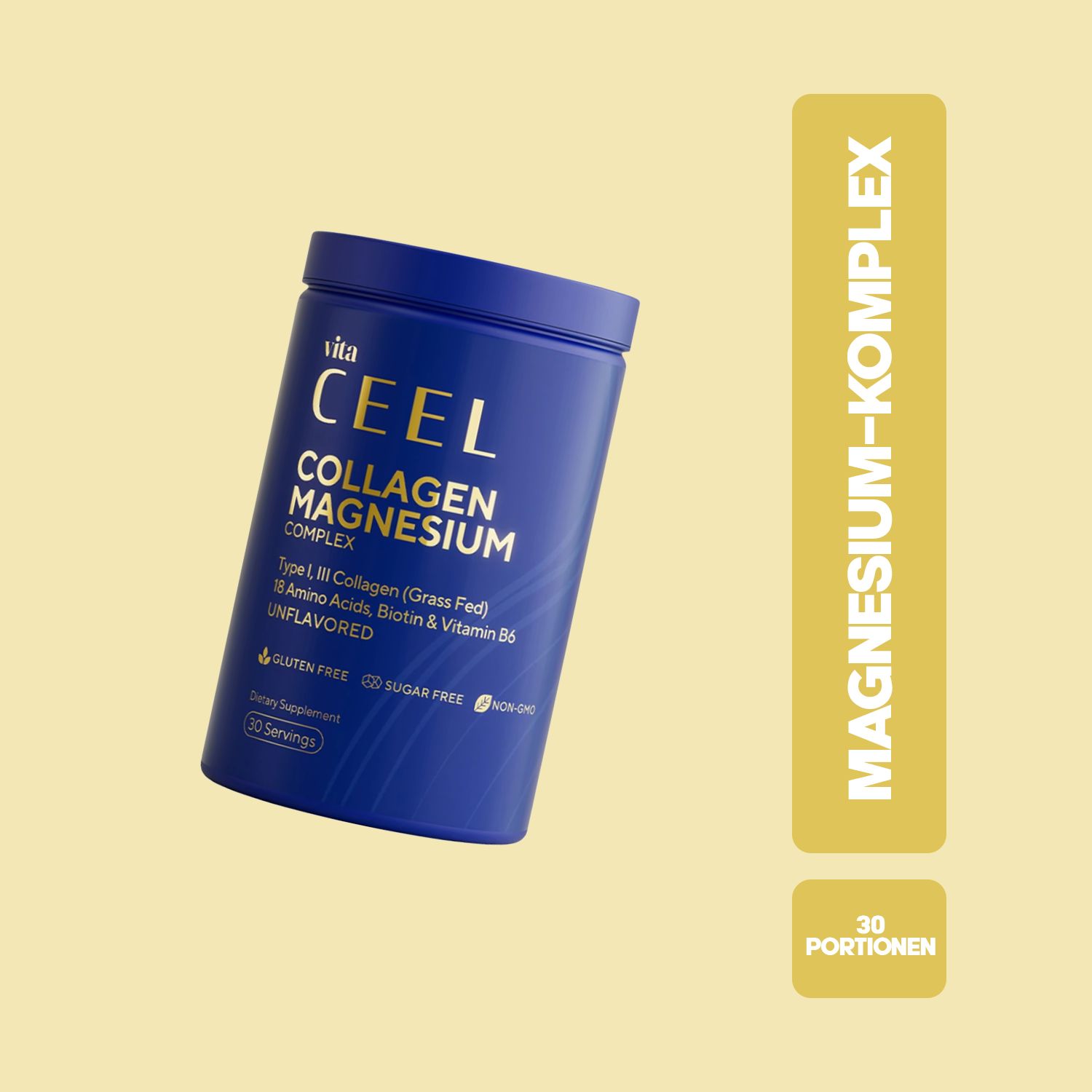 Dunkelblaue Dose mit 'vita CEEL COLLAGEN MAGNESIUM COMPLEX' Aufschrift. Enthält Kollagen, Magnesium, Aminosäuren, Biotin & Vitamin B6. Glutenfrei, zuckerfrei.