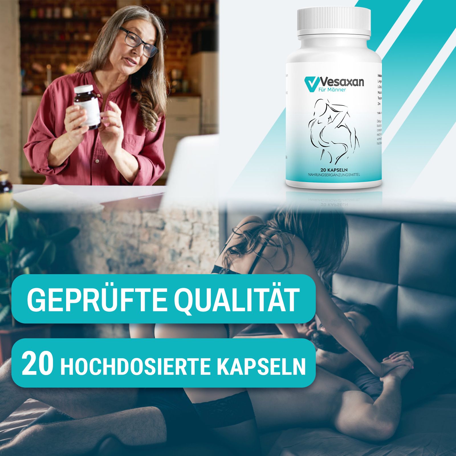 Flasche Vesaxan für Männer mit 20 Kapseln. Hintergrund: Frau hält Flasche, Paare. Text: Geprüfte Qualität, 20 hochdosierte Kapseln.