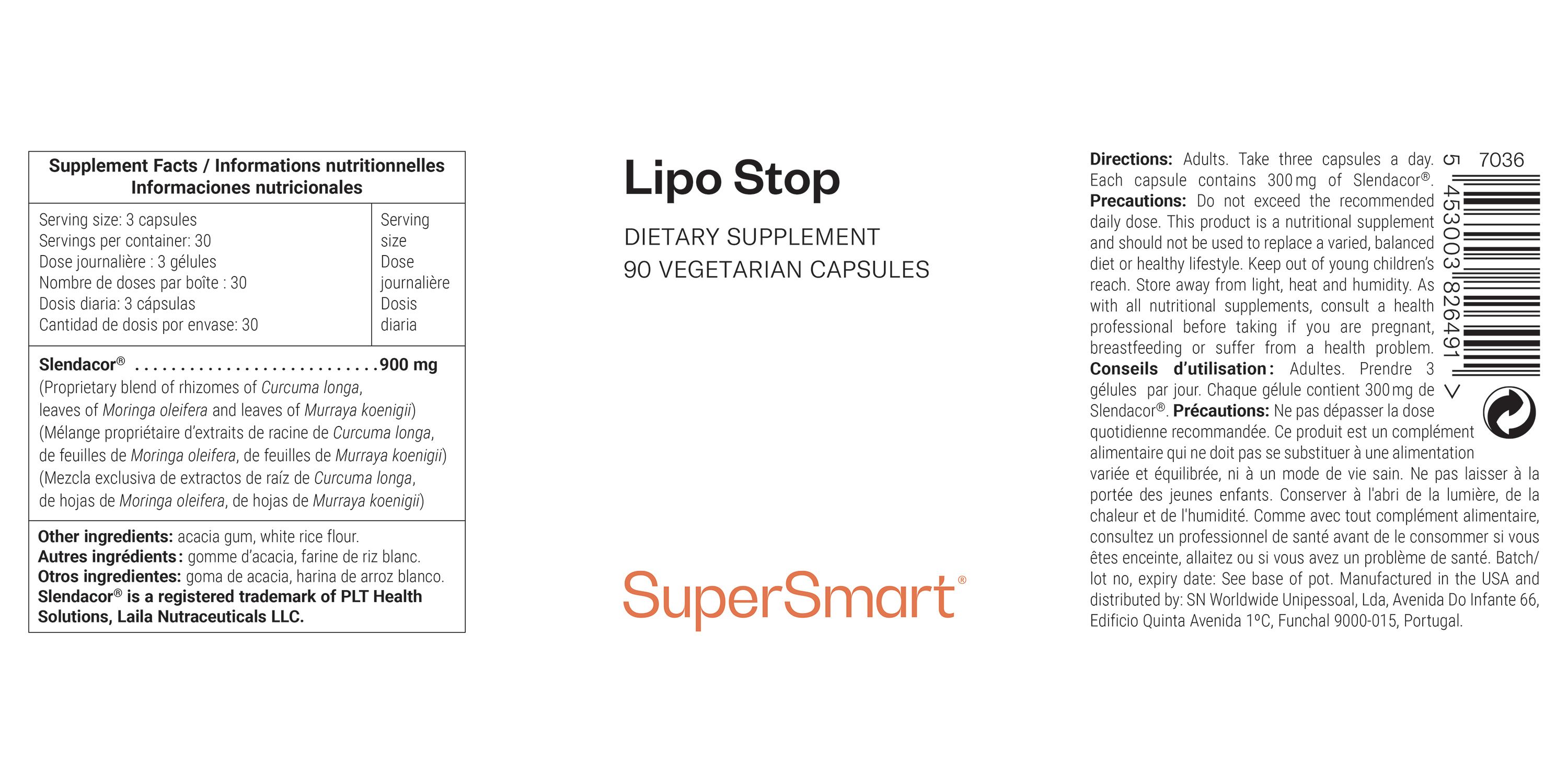Lipo Stop, 90 vegetarische Kapseln. SuperSmart-Marke. Aufschrift mit Nährwertangaben und Inhaltsstoffen.
