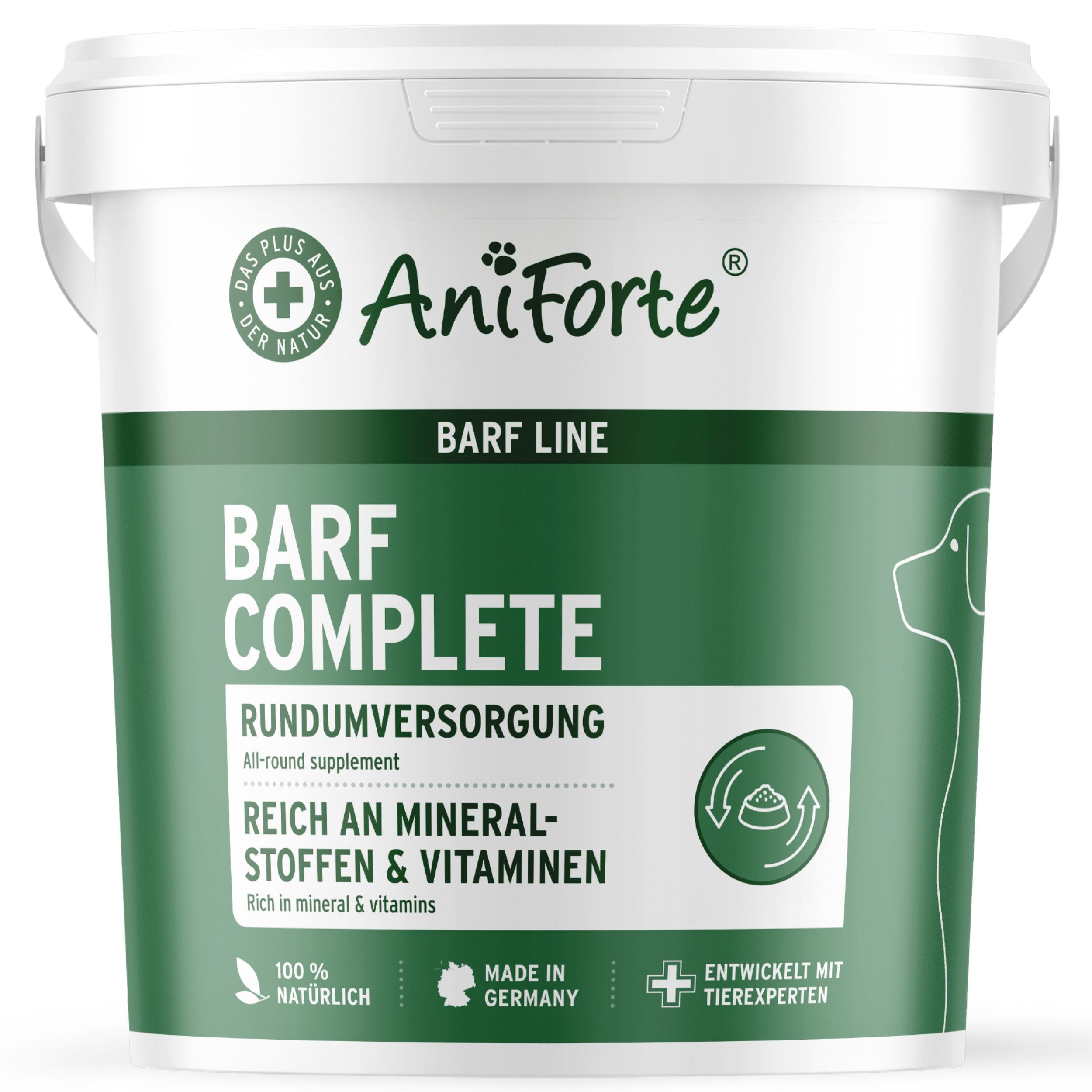 Weißer Eimer mit grünem Deckel. Text: AniForte BARF Complete. Reich an Mineralstoffen & Vitaminen. Mit Tierexperten entwickelt.