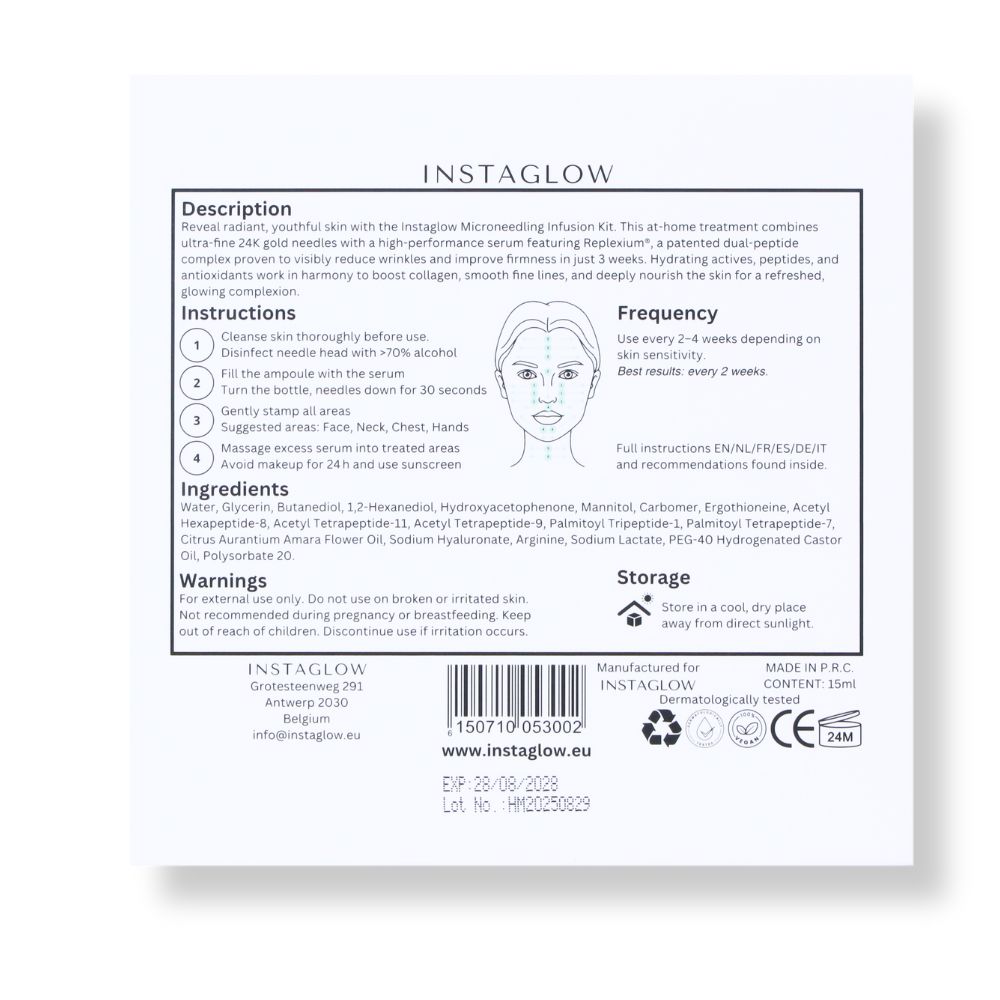 Verpackung mit Produktinformationen. Enthält Anweisungen, Inhaltsstoffe und Warnhinweise. Instaglow Microneedling Infusion Kit.