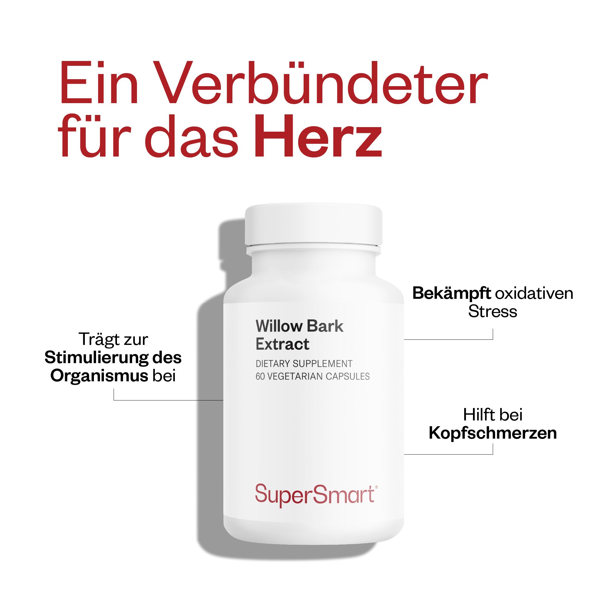 Weiße Flasche mit Willow Bark Extract, 60 vegetarische Kapseln. SuperSmart Logo. Text: Hilft bei Kopfschmerzen.