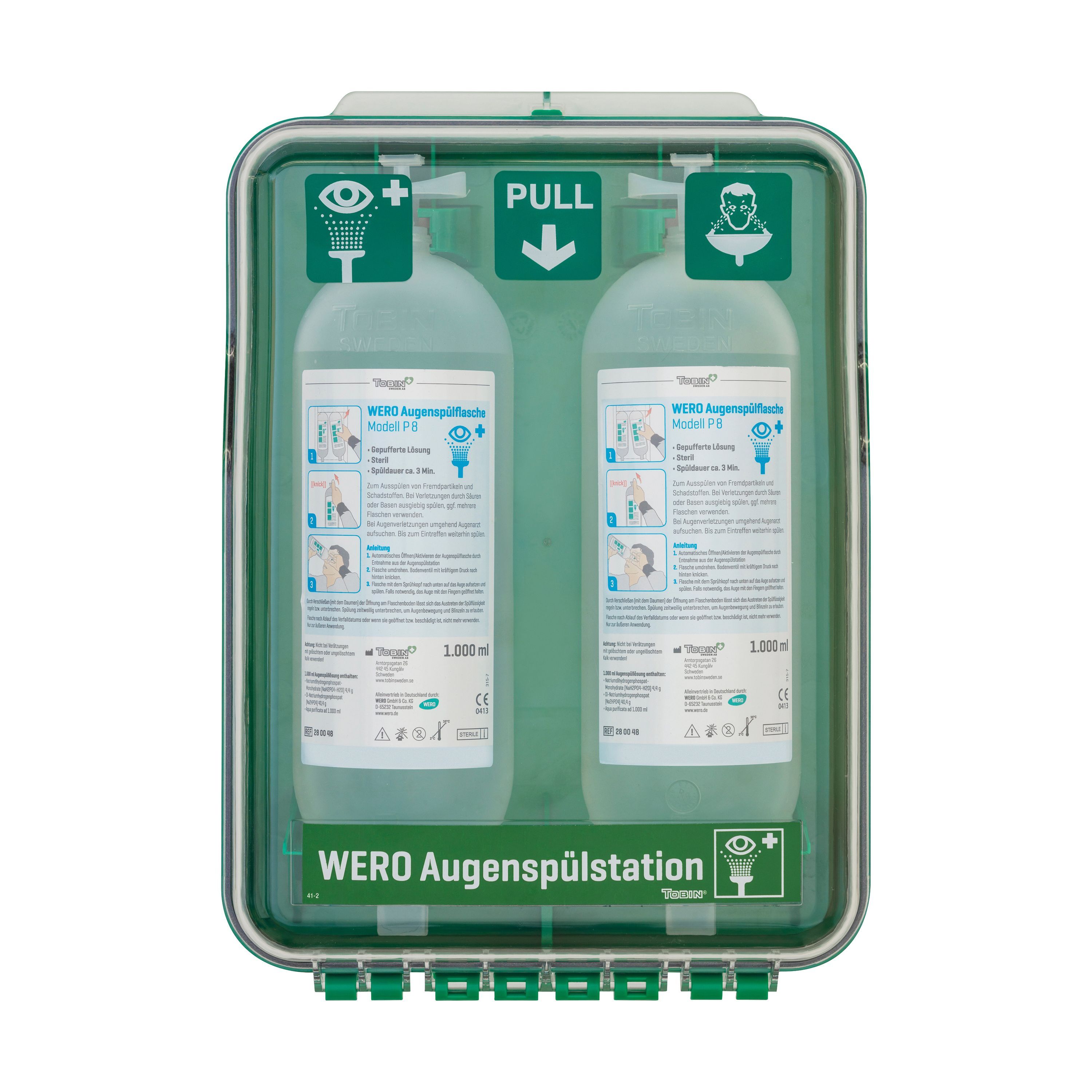 WERO Augenspülstation mit zwei Flaschen. Grüne Halterung und transparente Abdeckung. Text und Piktogramme auf den Flaschen.