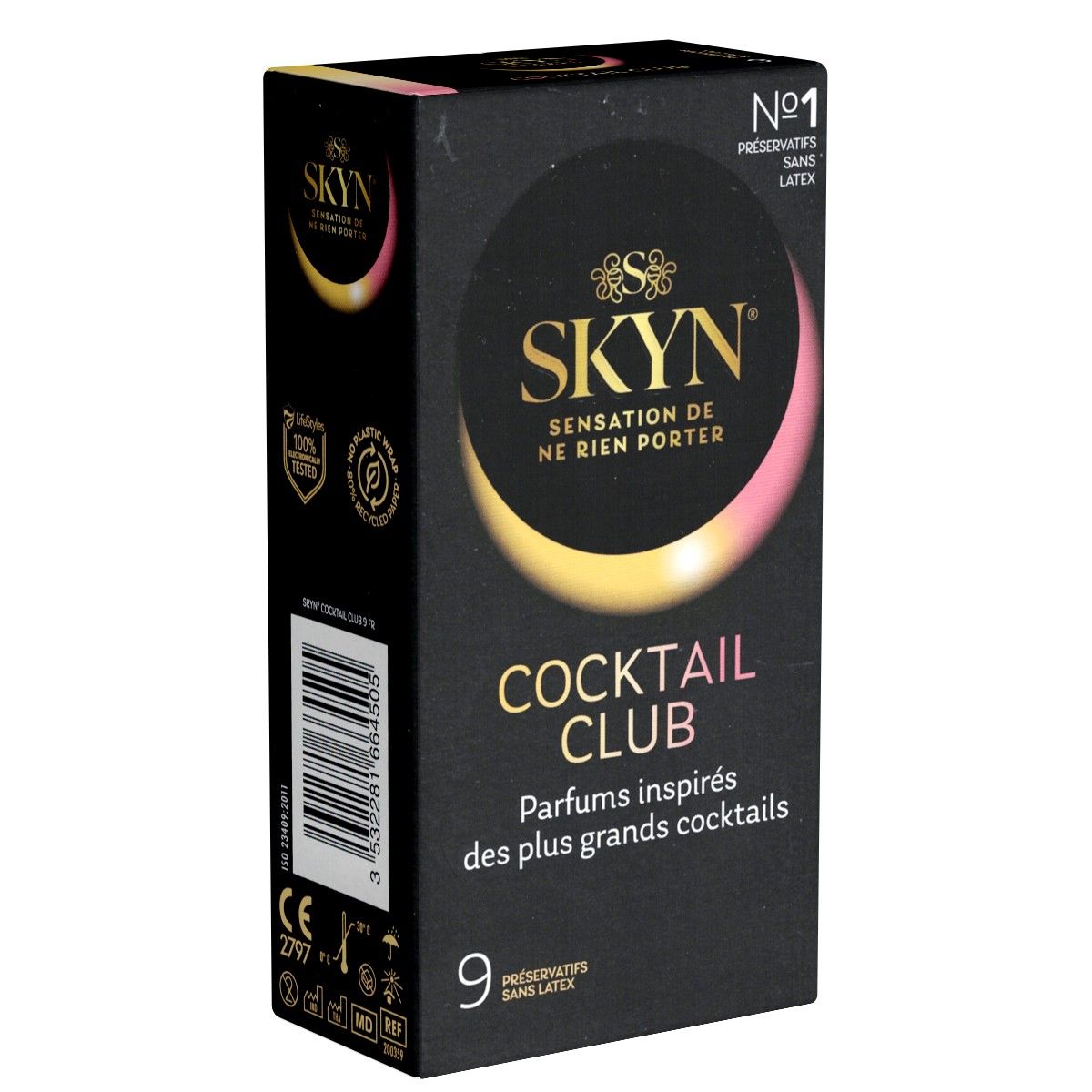 Schwarze Schachtel mit SKYN Cocktail Club. Goldener Schriftzug und Kreis mit rosa und gelben Farbtönen. 9 Kondome, ohne Latex.