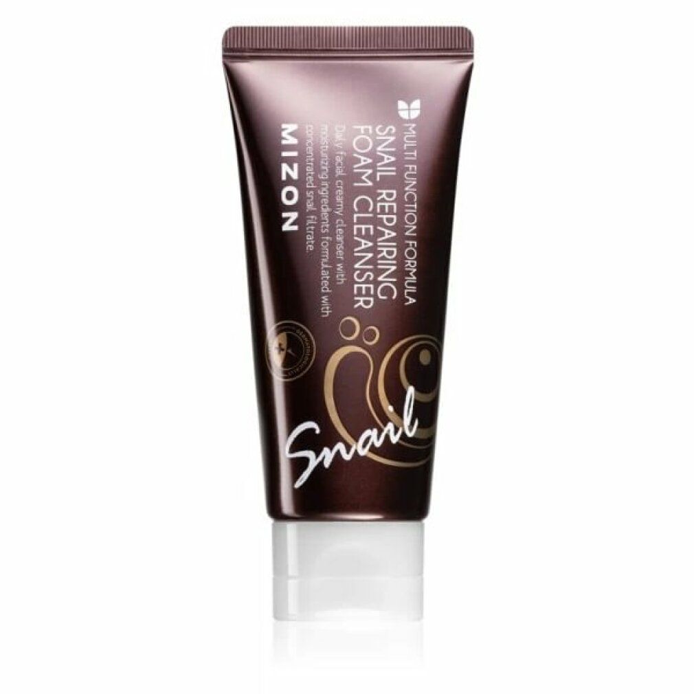 Braune Tube mit weißem Verschluss. Aufschrift: MIZON Snail Repairing Foam Cleanser.
