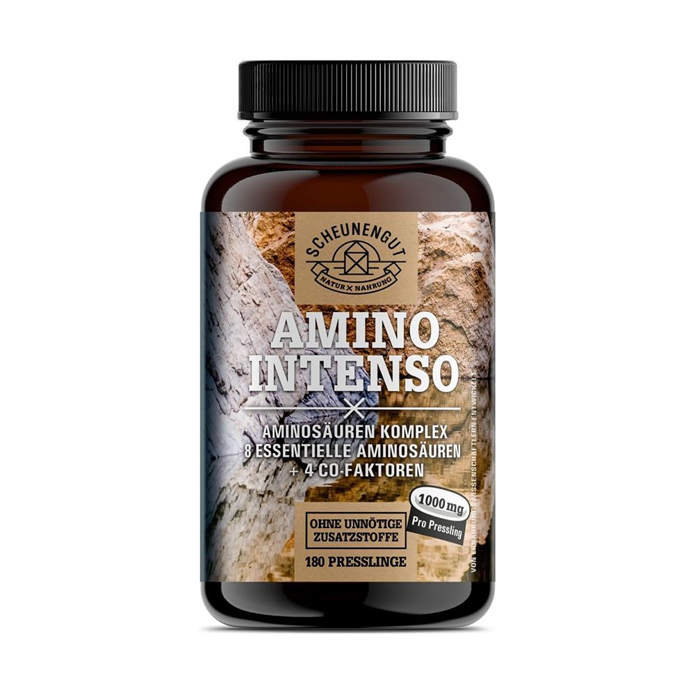 Braune Flasche mit Scheunengut Amino Intenso Etikett, 180 Presslinge.