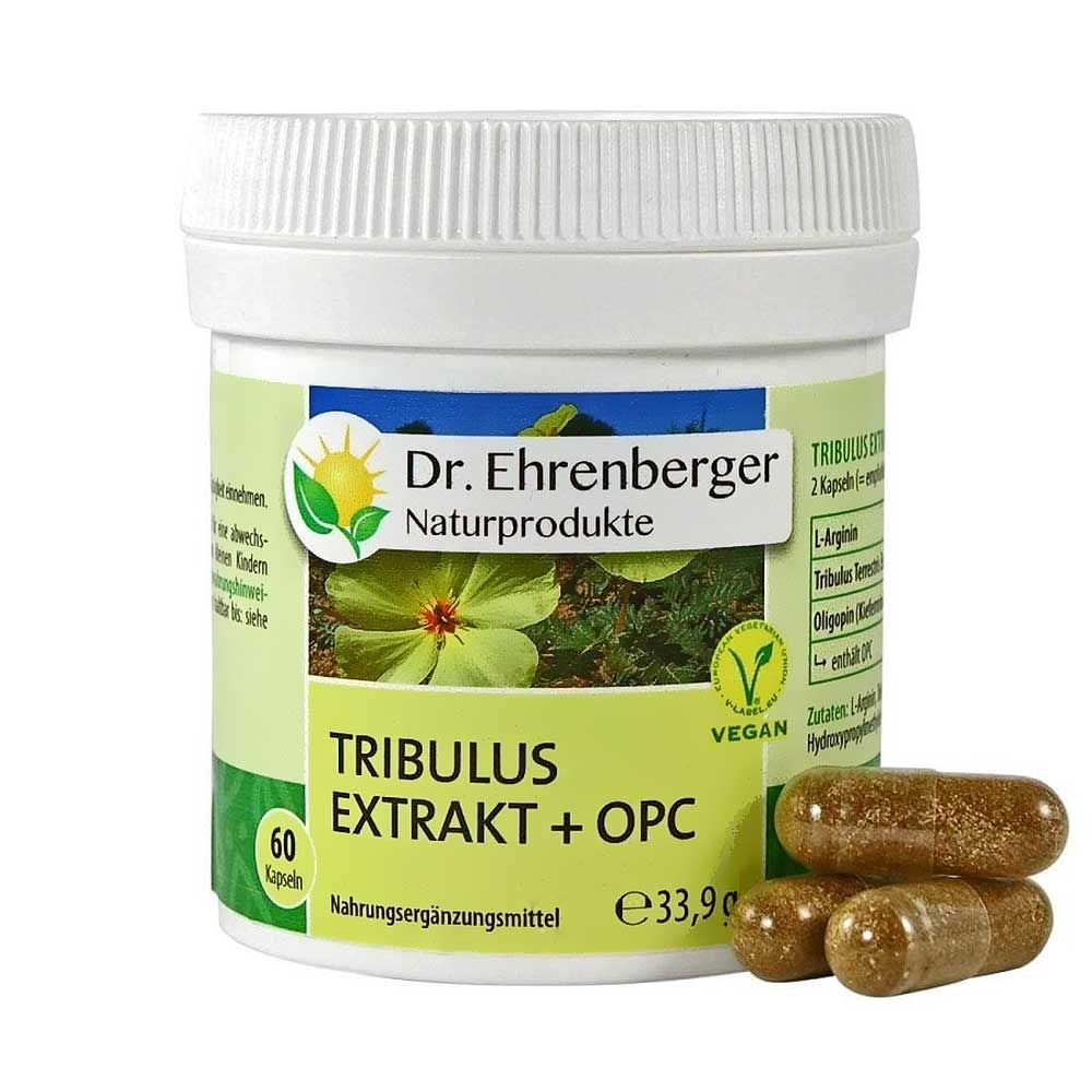 Weißes Döschen mit Kapseln. Aufschrift: Dr. Ehrenberger Naturprodukte, Tribulus Extrakt + OPC. Vegan-Siegel. 60 Kapseln.
