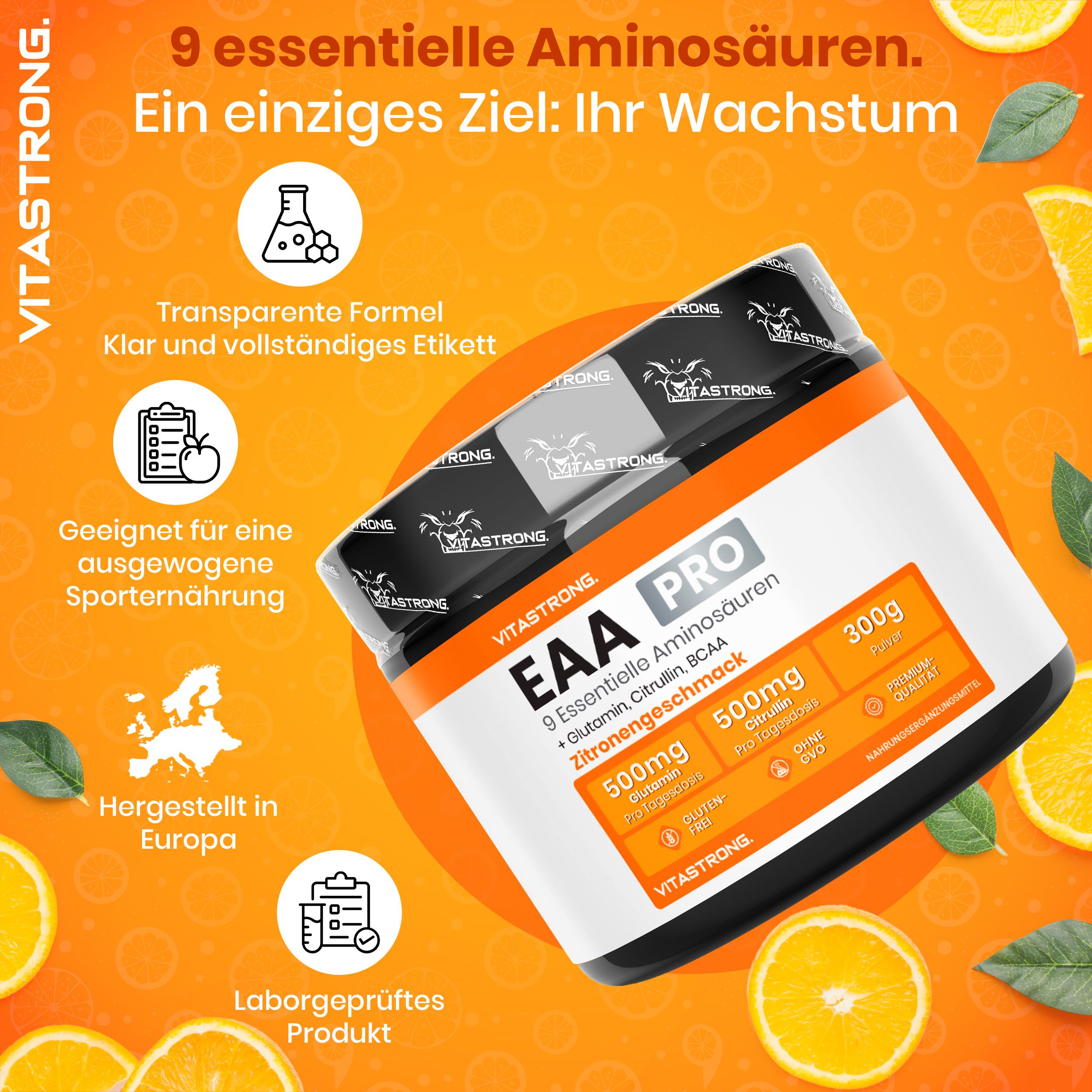 Vitastrong EAA Pro, Dose. Text: 9 essentielle Aminosäuren. Ein Ziel: Ihr Wachstum.