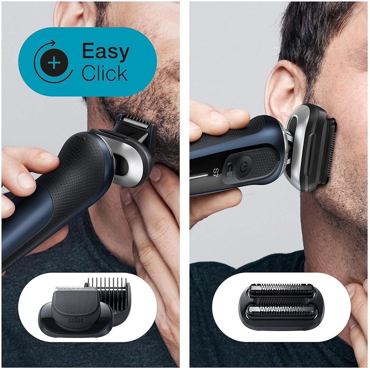 Braun Series 7 Rasierer mit EasyClick-Aufsatz. Der Rasierer wird am Gesicht verwendet.