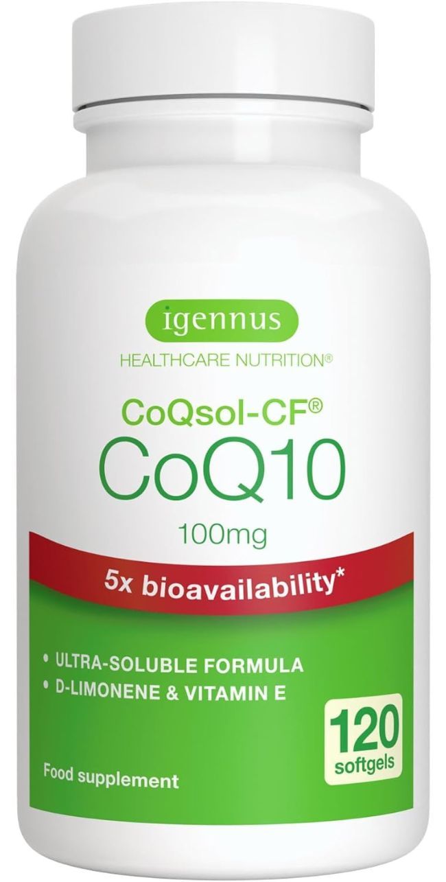 Flasche Igennus CoQ10 100mg, CoQsol-CF, 120 Weichkapseln, mit Aufdruck '5x bioavailability'.