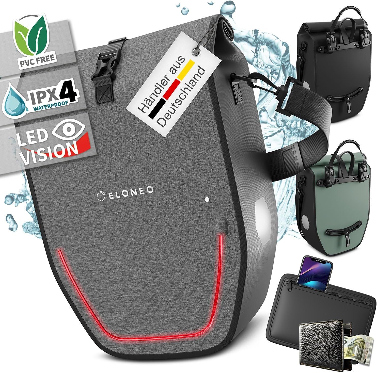 Fahrradtasche mit LED-Vision, grau. Enthält Reflektorstreifen, IPX4 wasserdicht. Mit PVC Free Siegel und Händler aus Deutschland.