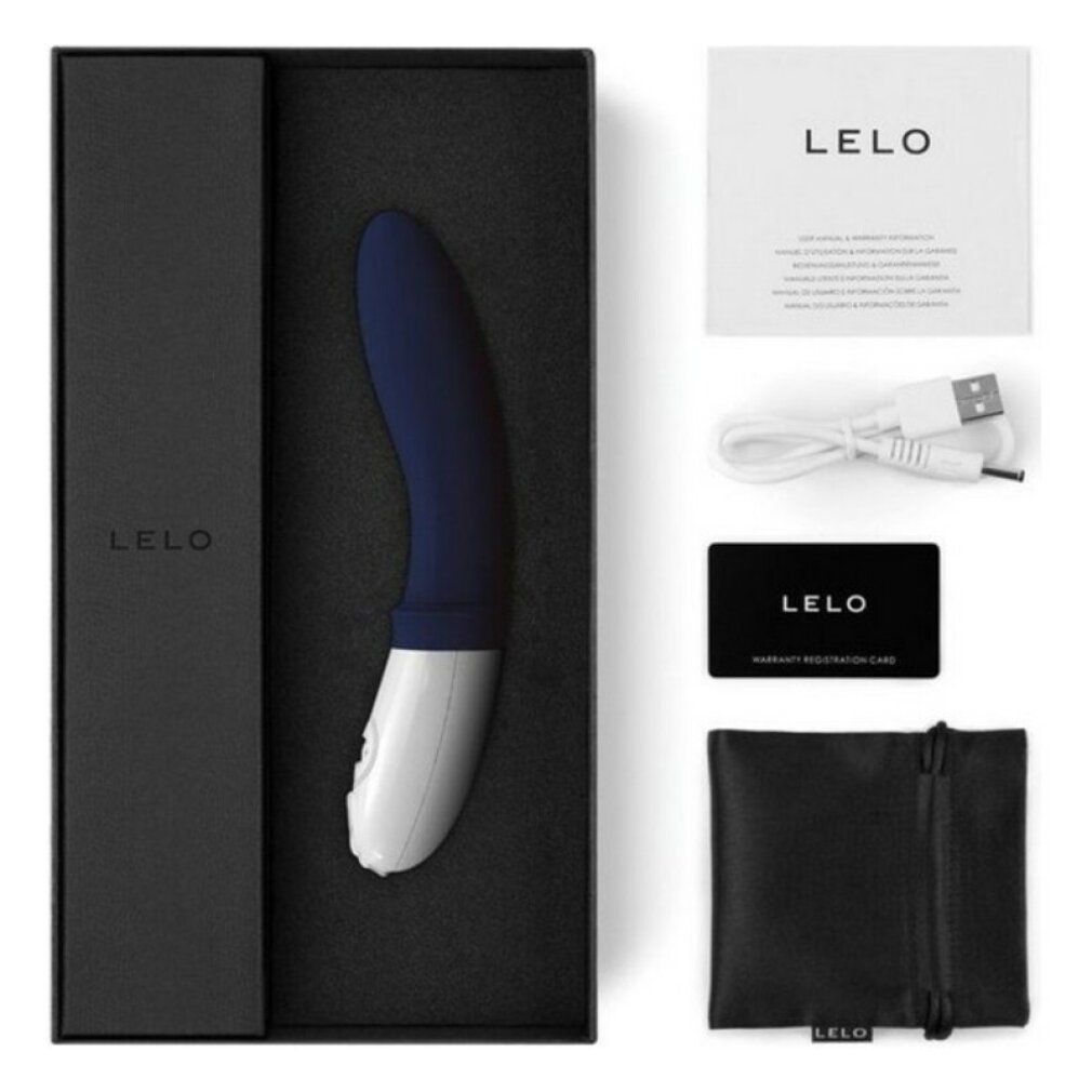Geöffnete Verpackung mit Vibrator, Zubehör und Text. LELO-Logo und Produktname.