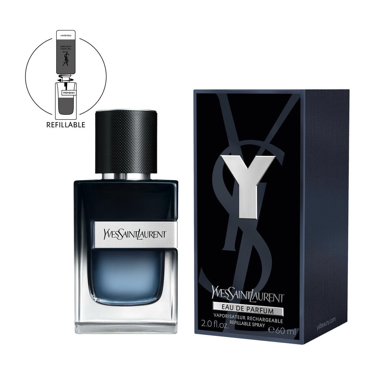 Yves Saint Laurent Y Men EdP Vapo. Flakon und Verpackung. Schwarze Verpackung mit weißem Y-Logo. 2.0 fl.oz. / 60ml.