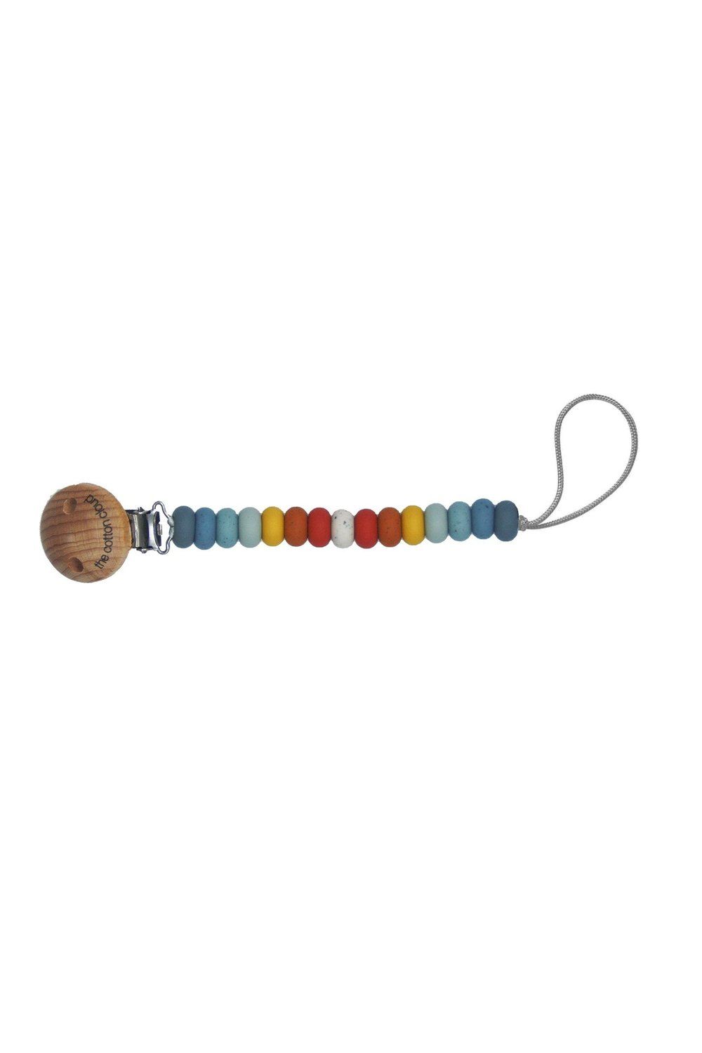 Schnullerkette mit Holzclip und bunten Perlen. Der Clip hat einen Markennamen. Die Kette hat eine Schlaufe.