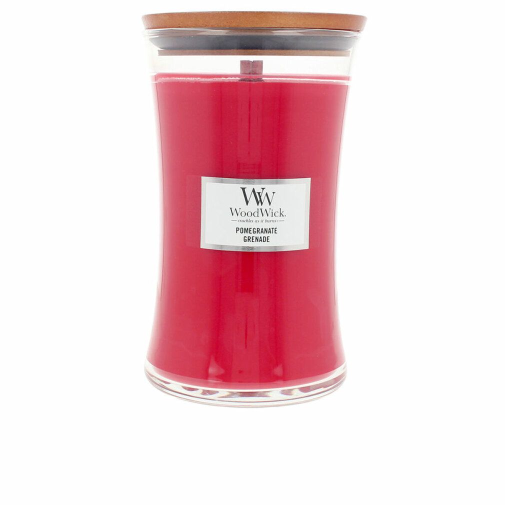 Rote Kerze im Glas mit Holzdeckel. Aufkleber mit "WoodWick" und "Pomegranate Grenade".