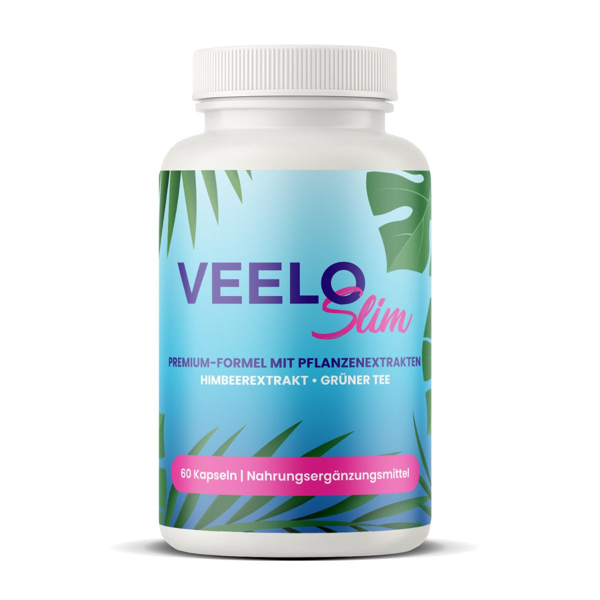 Weiße Flasche mit VeeloSlim-Aufdruck. Aufschrift: Premium-Formel mit Pflanzenextrakten, Himbeerextrakt, Grüner Tee. 60 Kapseln.