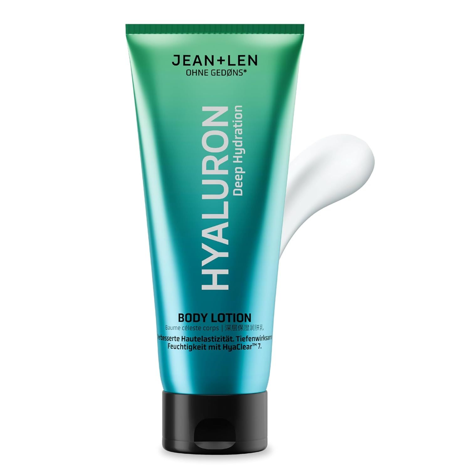 Jean & Len Body Lotion Hyaluron Tube. Türkis-farbene Tube mit weißer Schrift. Weiße Creme wird aus der Tube gedrückt.