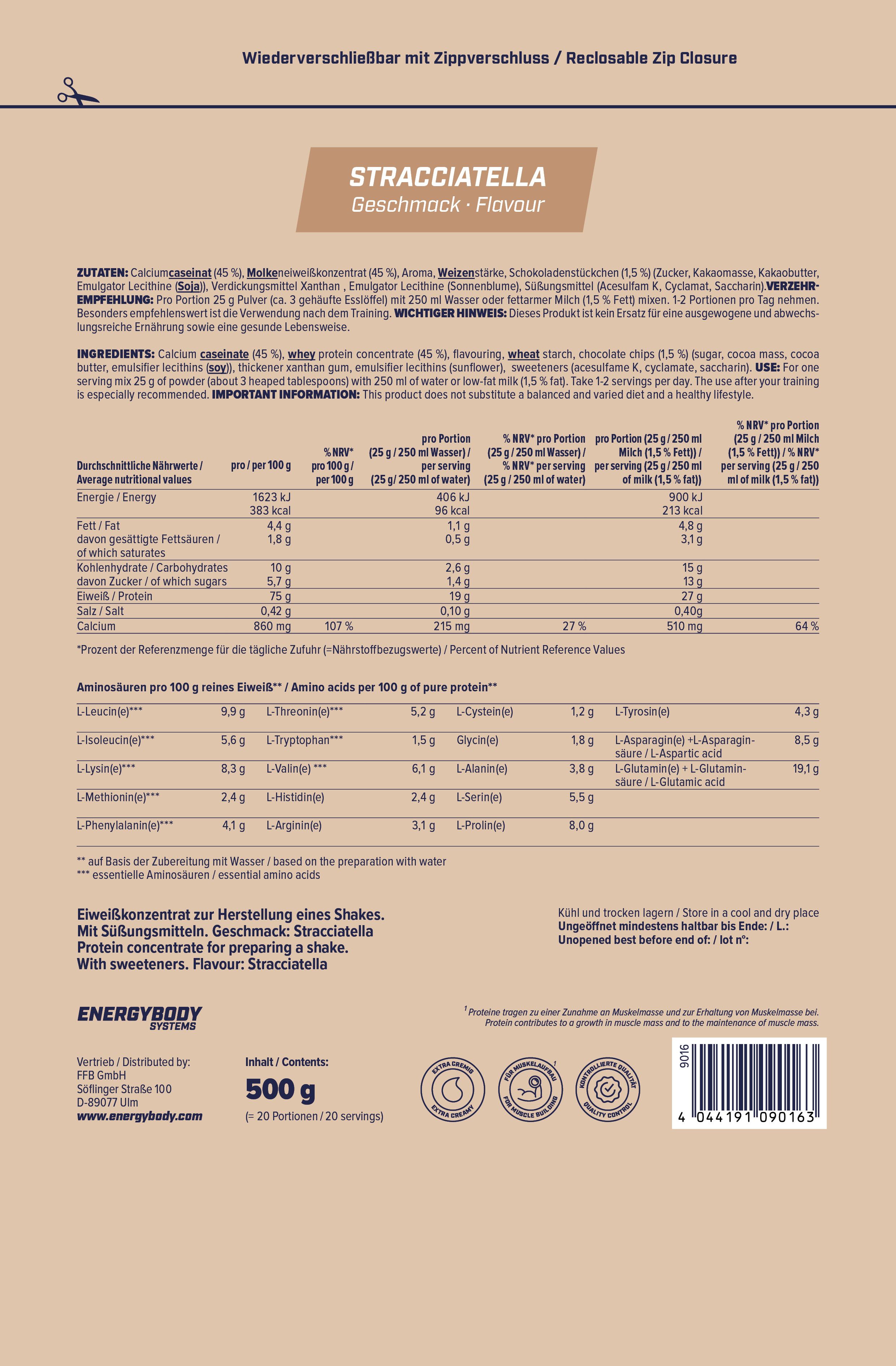 Rückseite der Mega Protein Verpackung. Enthält Nährwertangaben, Zutatenliste und Aminosäuren. Stracciatella Geschmack. 500g.