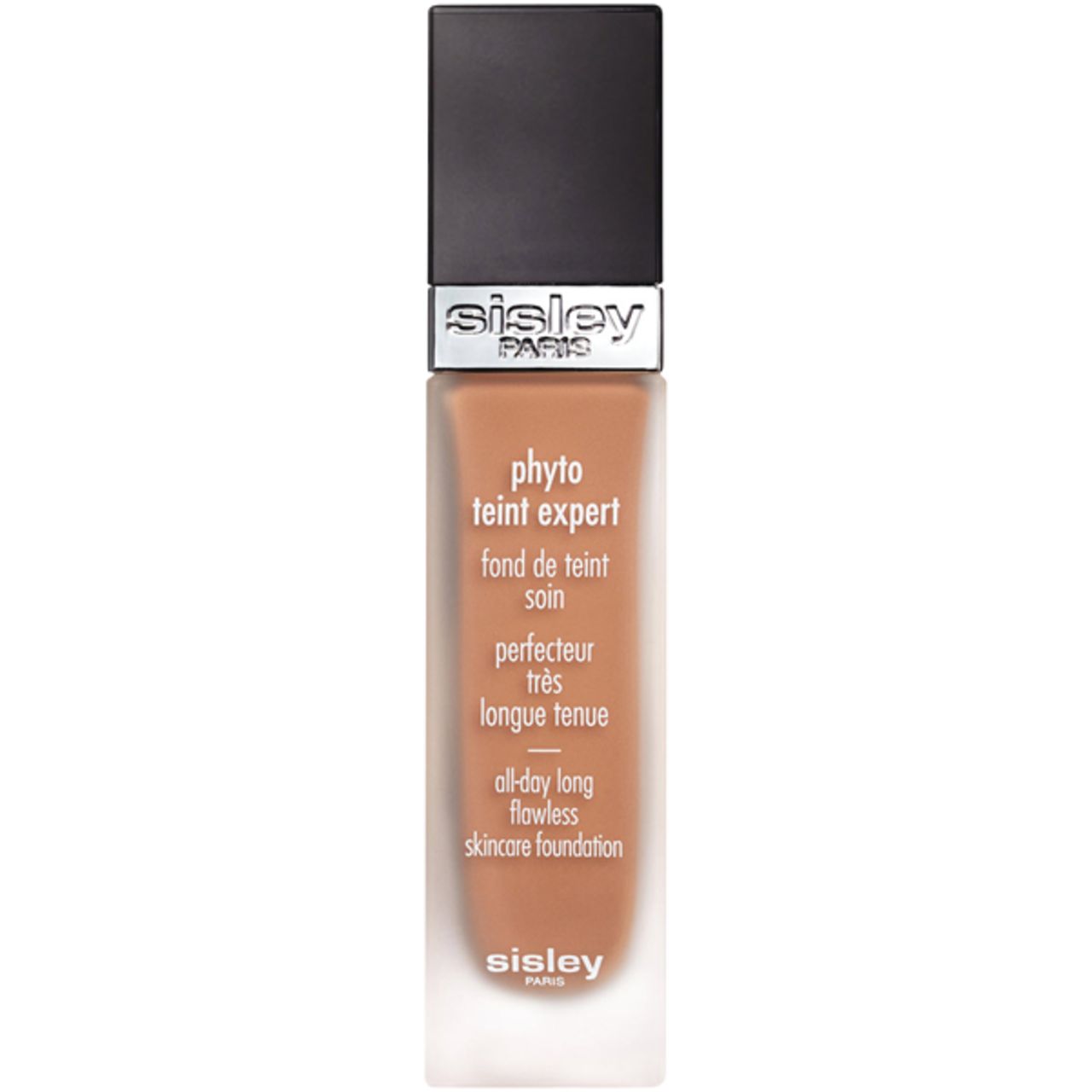 Sisley Phyto-Teint Expert Foundation. Flasche mit schwarzem Deckel. Produktname und Text sichtbar.
