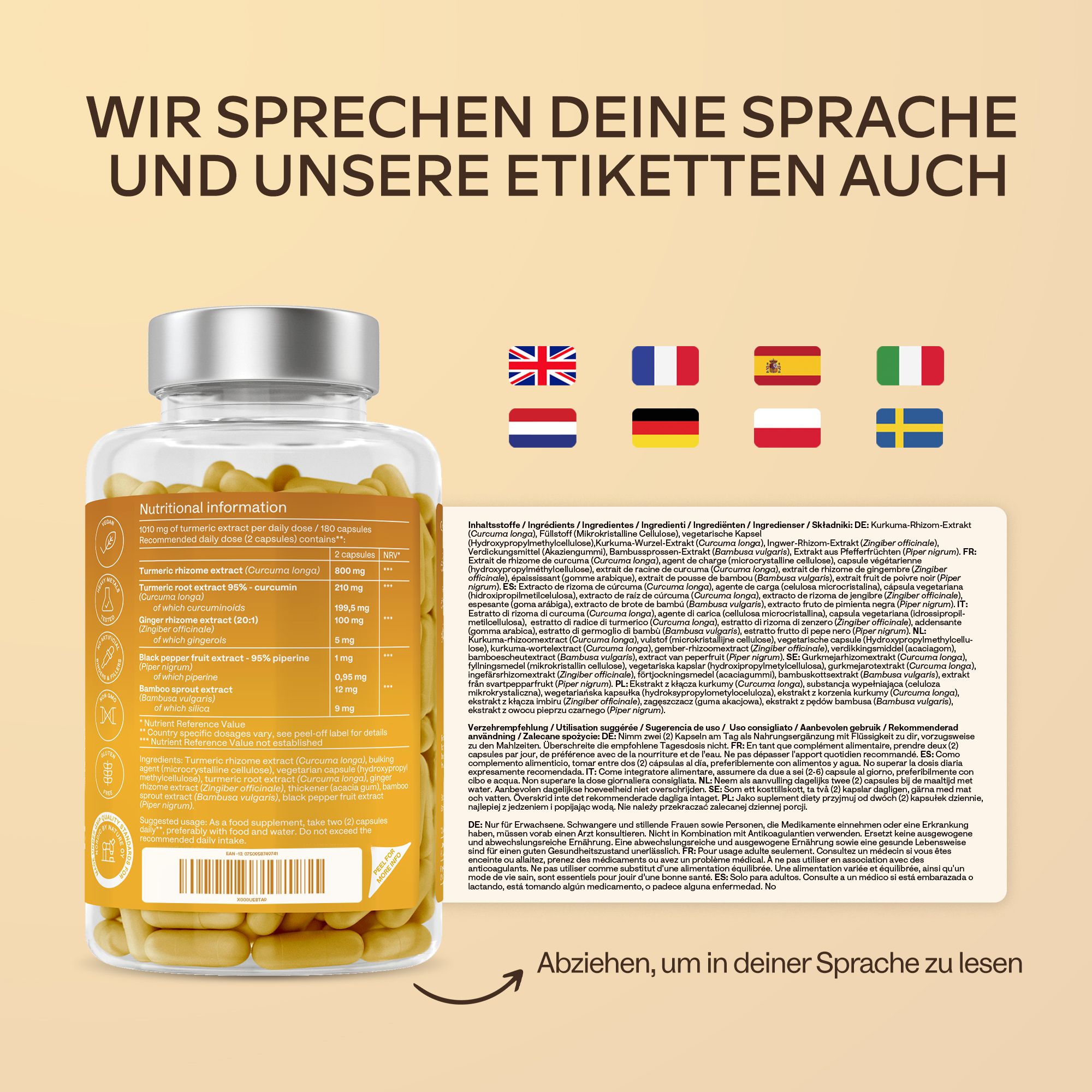 Glasflasche mit Kapseln. Aufschrift: Turmeric Curcumin, mit Ingwer und Piperin. 180 Kapseln.