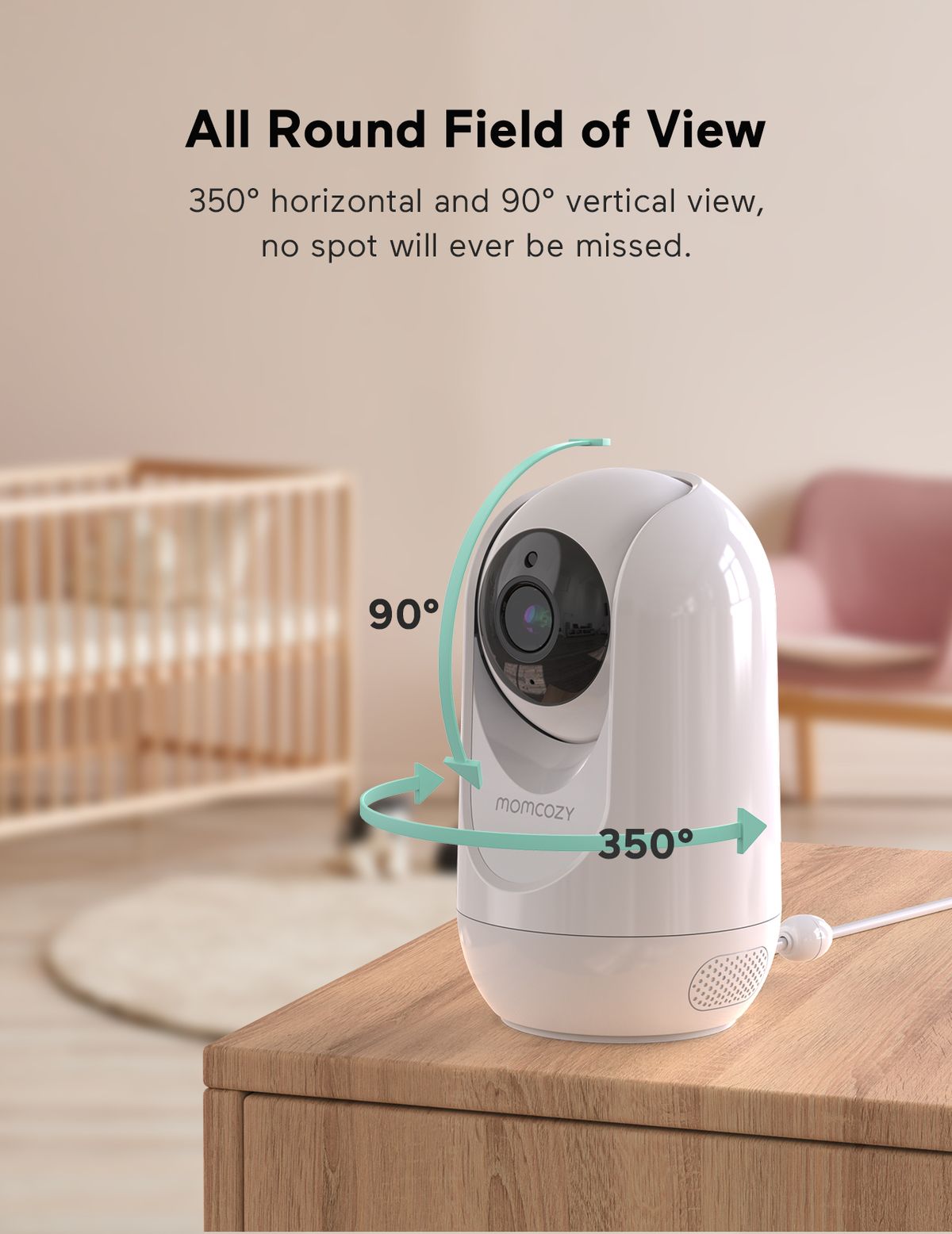 Un baby monitor Momcozy bianco con una visuale orizzontale di 350° e verticale di 90°. È posizionato su un tavolo. Il testo mostra la visuale a tutto tondo e gli angoli di rotazione. Il dispositivo ha una base rotonda e una telecamera.