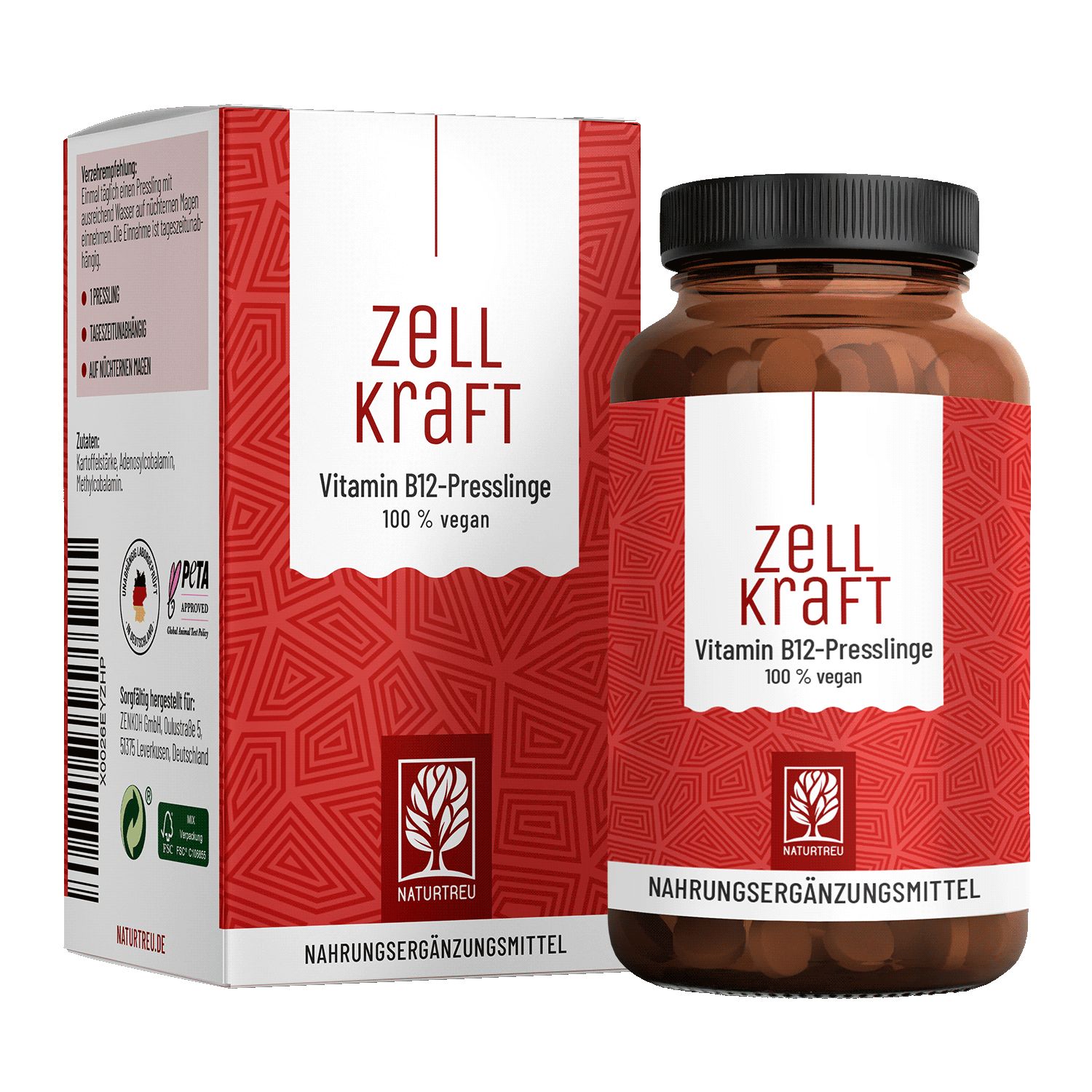 Braune Glasflasche und Karton mit roter Beschriftung. Aufschrift: ZELLKRAFT Vitamin B12-Presslinge 100% vegan. NATURTREU®.