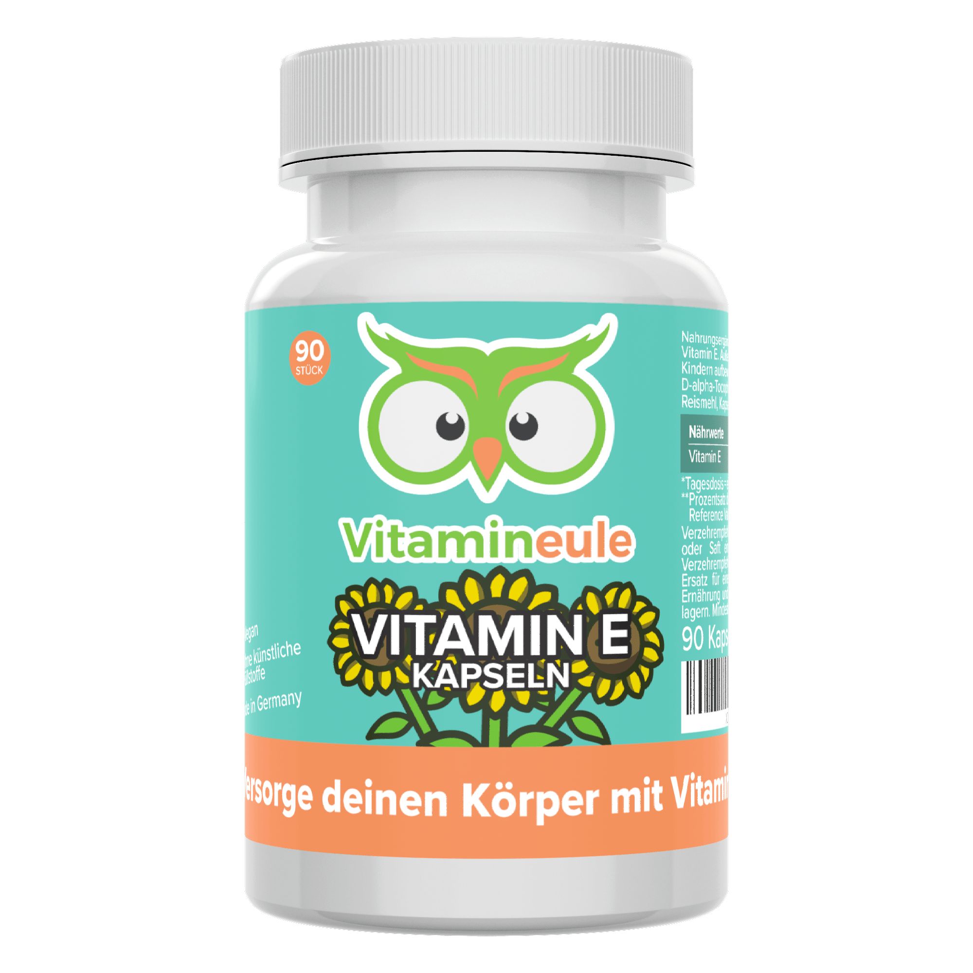 Weiße Flasche mit grüner Aufschrift. Enthält 90 Kapseln. Aufschrift: Vitamineule, Vitamin E Kapseln.