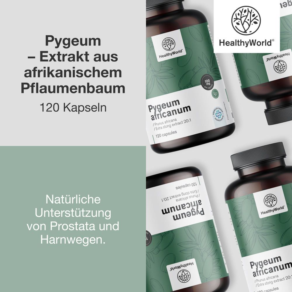Mehrere Flaschen mit Kapseln. Aufschrift: Pygeum africanum, 120 Kapseln. Marke: HealthyWorld. Text: Unterstützung Prostata und Harnwege.