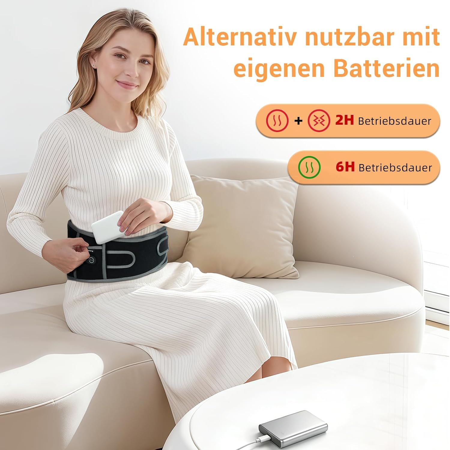 Frau mit schwarzem Heizgürtel, der mit einer Powerbank verbunden ist, mit Anzeige der Betriebsdauer.