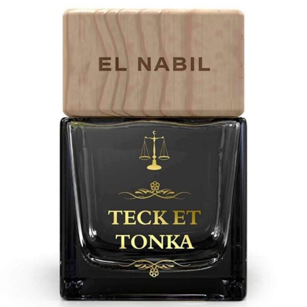 Schwarzer Glasflakon mit Holzdeckel. Aufschrift "EL NABIL" und "TECK ET TONKA" in Gold. Goldene Waage-Symbolik.