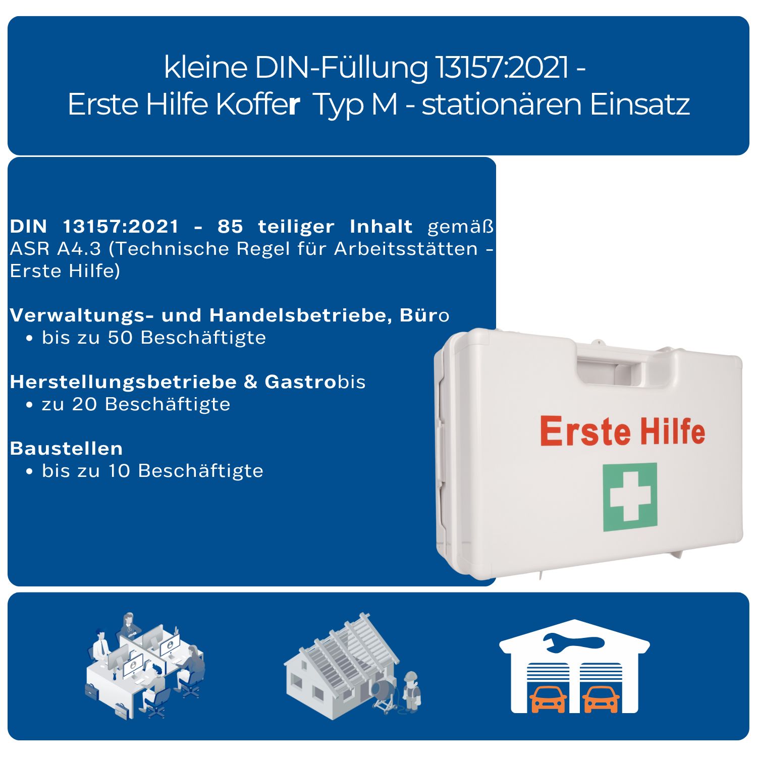 Erste-Hilfe-Koffer Typ M. Text: „kleine DIN-Füllung 13157:2021“. Text: „DIN 13157:2021 - 85 teiliger Inhalt...“