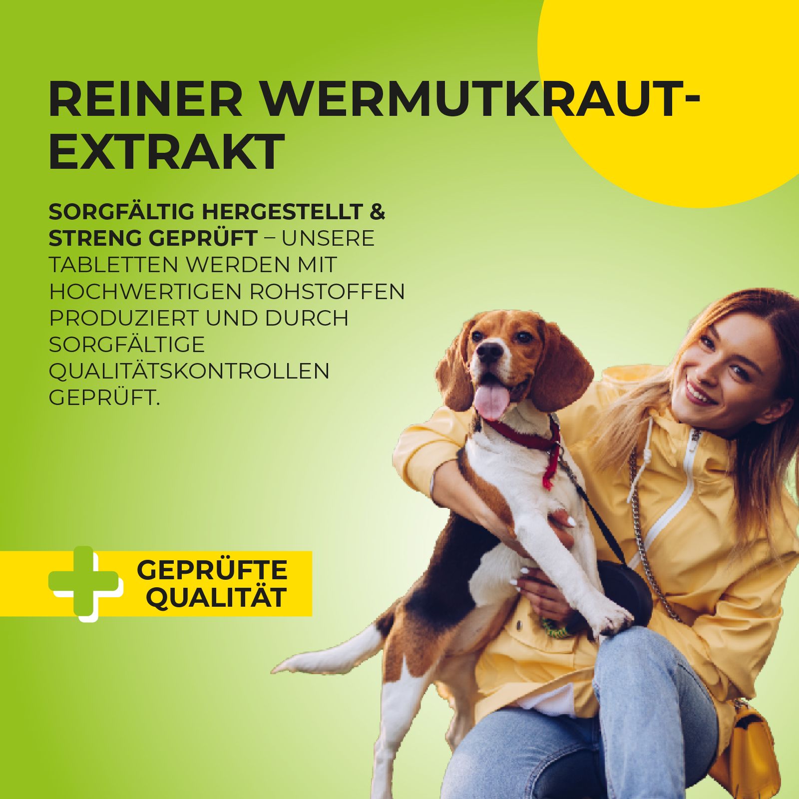 Frau umarmt Hund. Text: Reiner Wermutkraut-Extrakt. Sorgfältig hergestellt & streng geprüft. Geprüfte Qualität. Grüner Hintergrund.