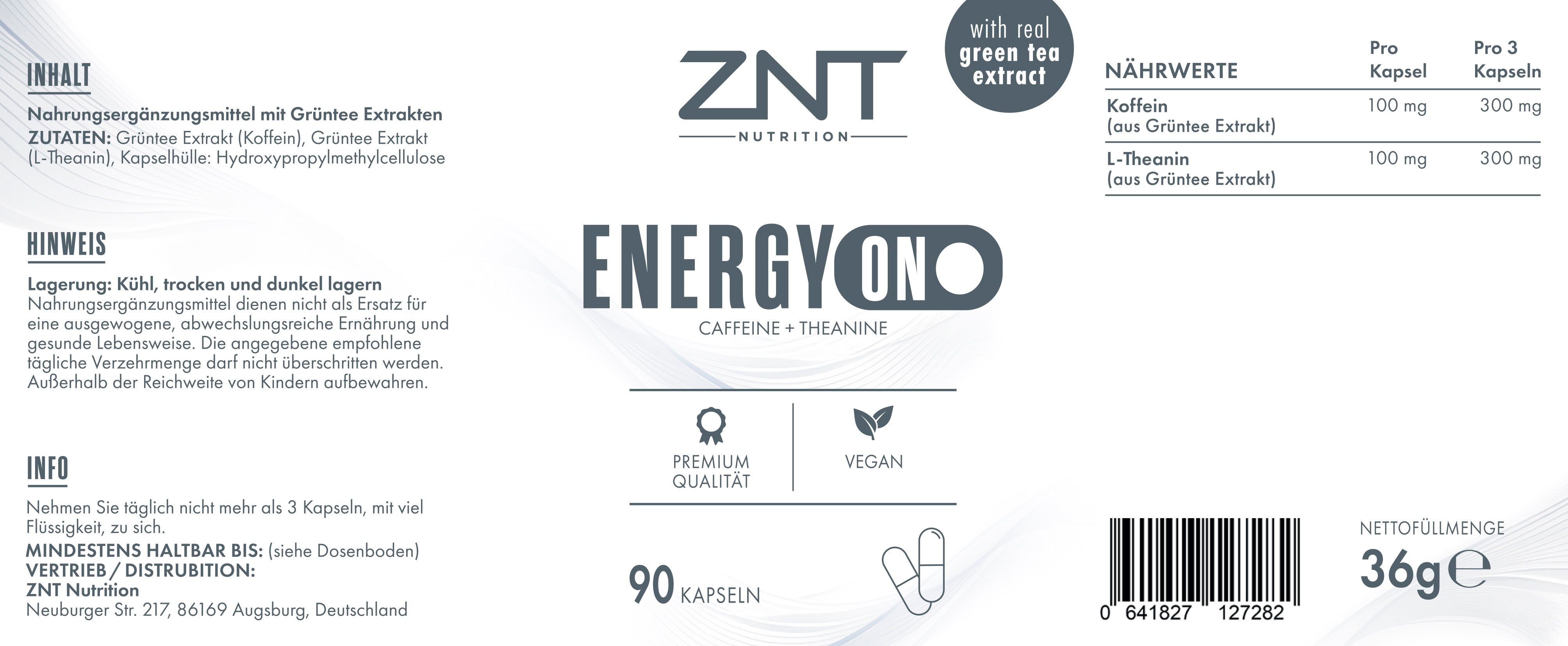 Etikett für ZNT Nutrition Energy ON Kapseln. Enthält Nährwertangaben, Inhaltsstoffe und 90 Kapseln.