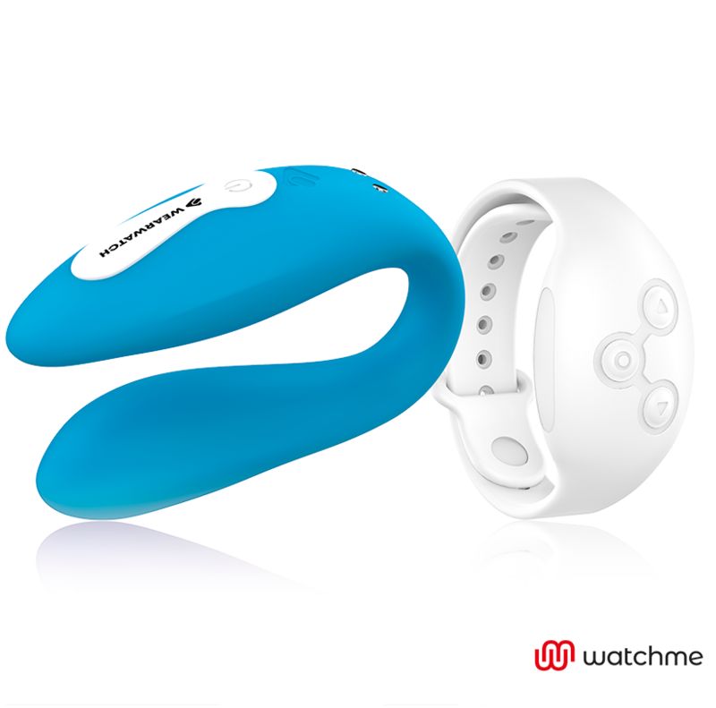 Blauer Wearwatch-Vibrator und weißes Armband mit drei Knöpfen. Watchme-Logo.
