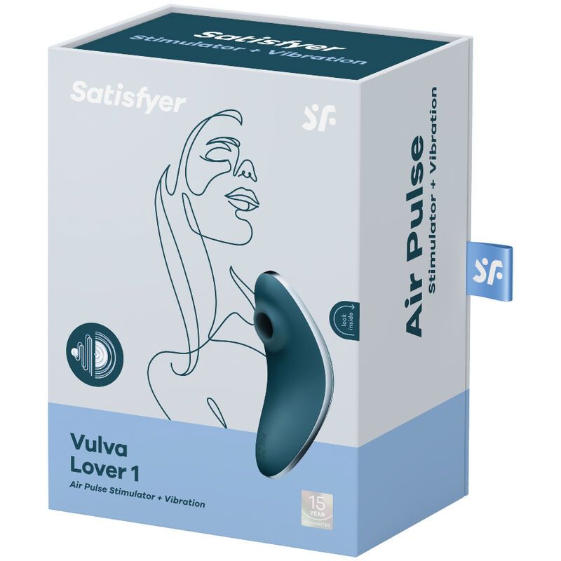 Verpackung für Satisfyer Vulva Lover 1, Air Pulse Stimulator + Vibration. Zeigt eine stilisierte Frau und das Produkt in Petrol.