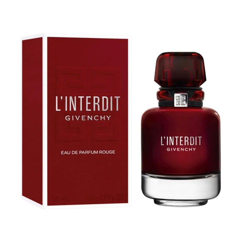 Roter Flakon und Verpackung. Aufschrift: L'Interdit Givenchy, Eau de Parfum Rouge. Verpackung mit 50ml.