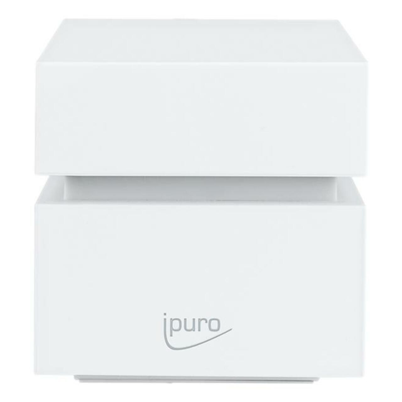Weißer, quaderförmiger Diffusor. Zwei übereinanderliegende Quader, mit dem Schriftzug "ipuro".
