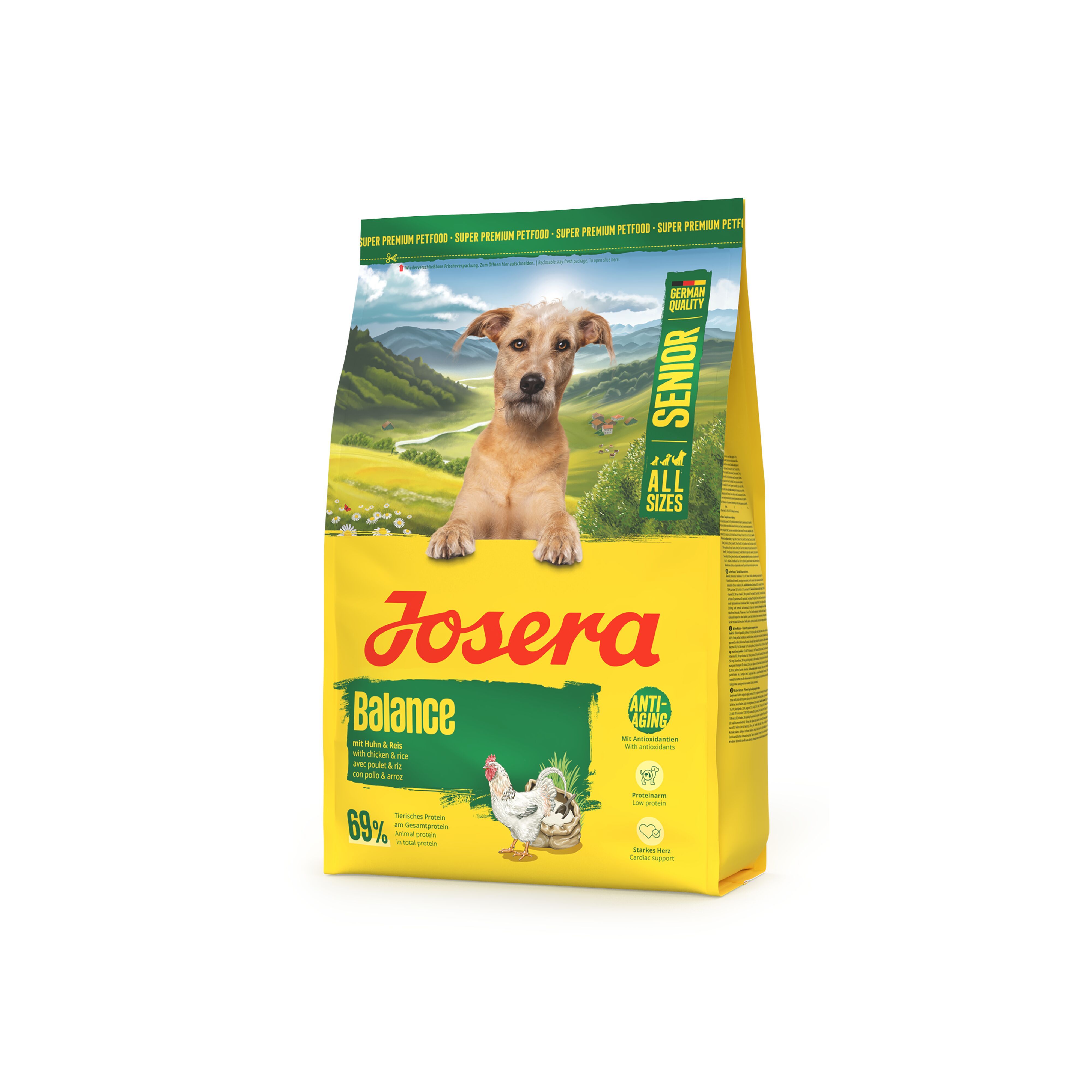 Gelbe Verpackung mit Hund, Schriftzug JOSERA Balance und Huhn-Illustration. Enthält Informationen zu Inhaltsstoffen und Zertifizierungen.