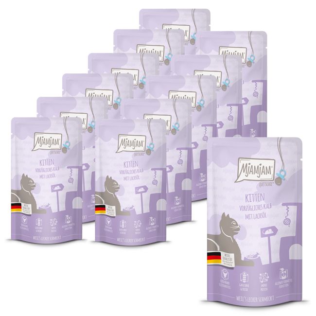 MjAMjAM - Quetschie Kitten vorzügliches Kalb mit Lachsöl 12x125 g Futter