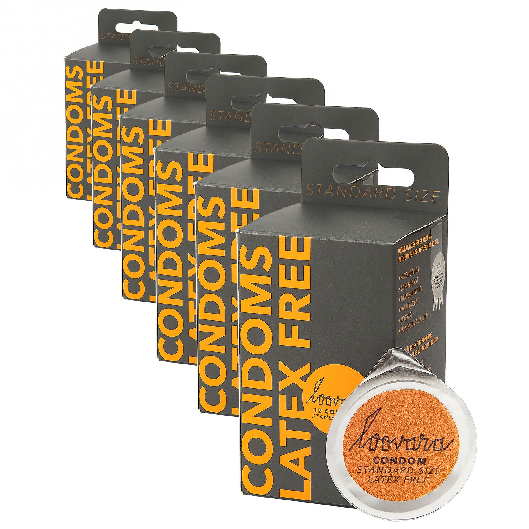Mehrere Schachteln Kondome, Latex-frei. Einzelverpackung mit Produktlogo. Aufschrift: Standard Size.