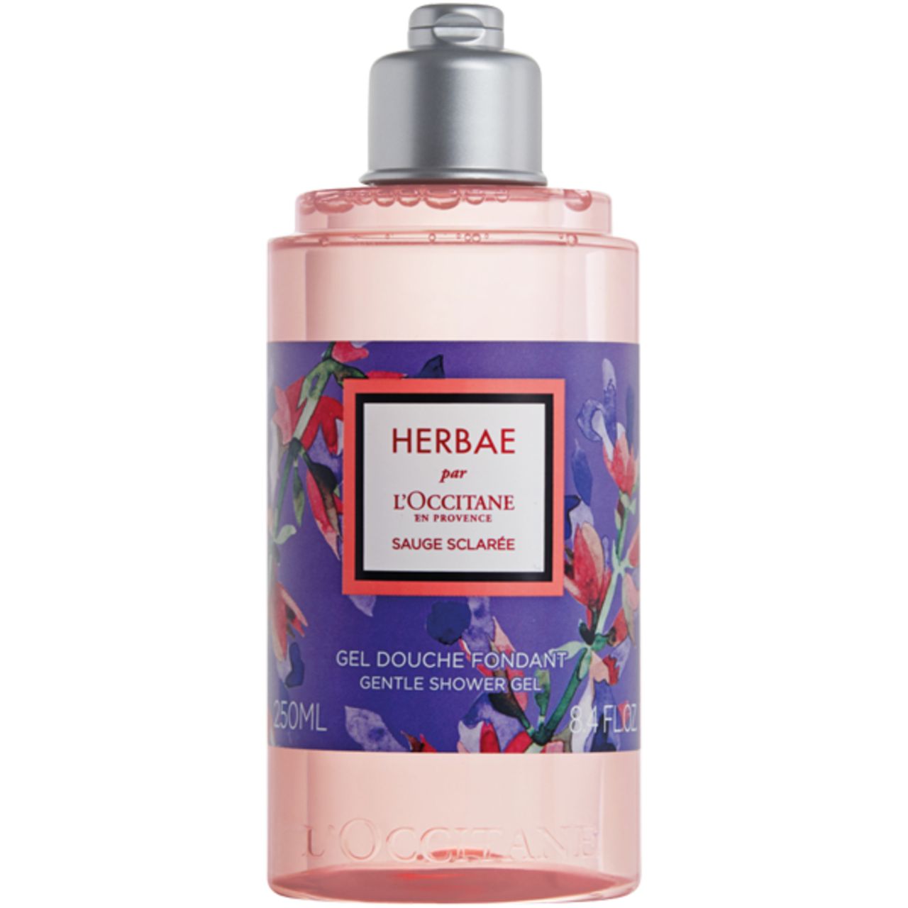 Duschgel-Flasche mit Etikett. Aufschrift: Herbae par L'Occitane, Sauge Sclarée. Floral-Design. Silberner Verschluss.