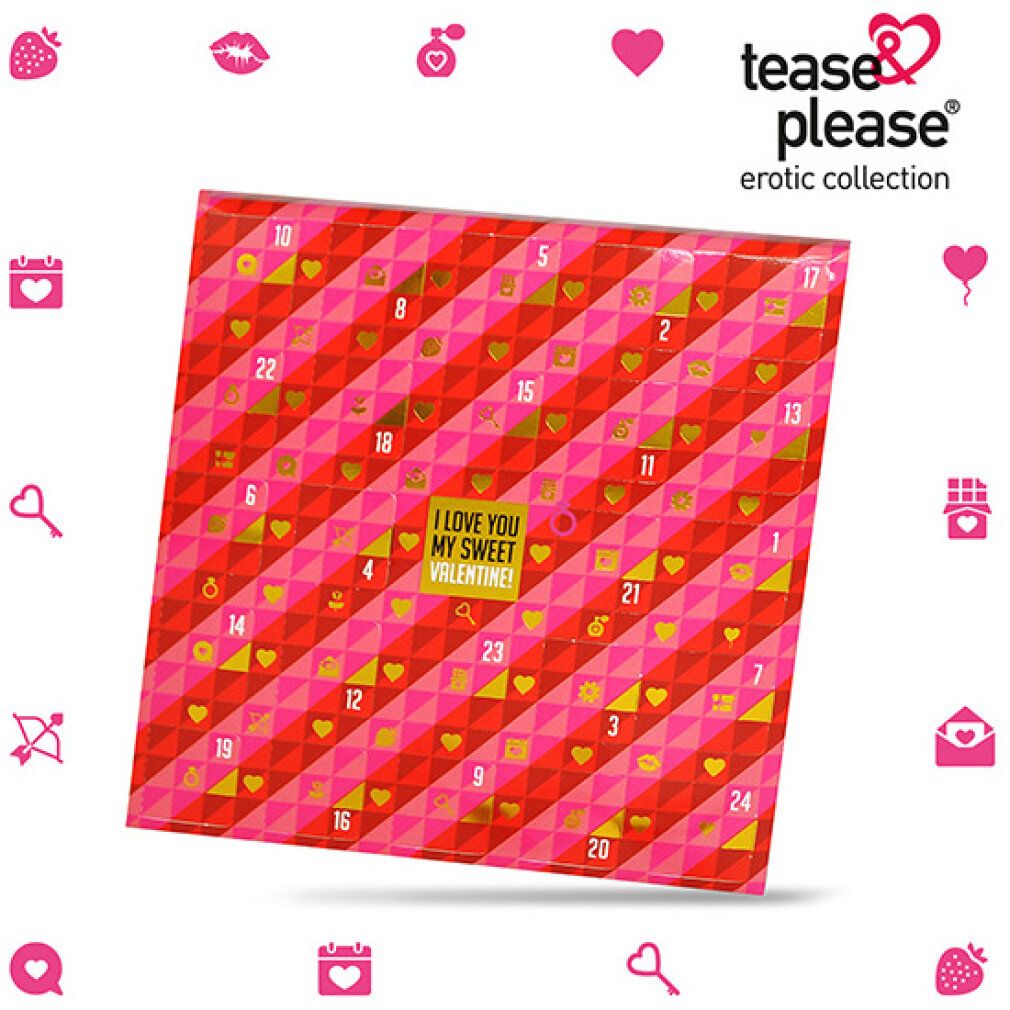 Adventskalender mit 24 Türchen. Rotes und rosa geometrisches Muster mit Symbolen. Text: I LOVE YOU MY SWEET VALENTINE! Marke: tease & please.