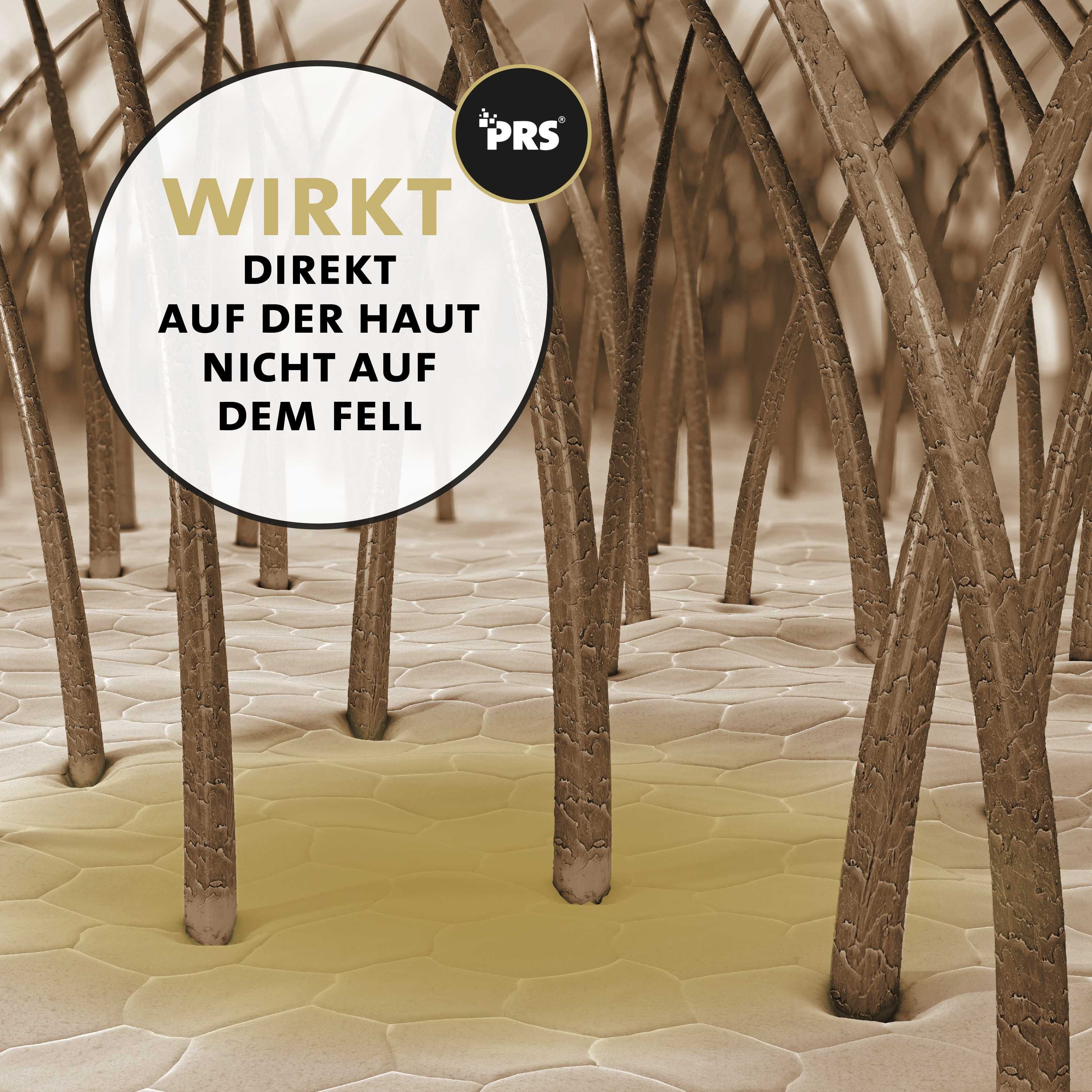 Nahaufnahme von Hundehaaren. Text: Wirkt direkt auf der Haut, nicht auf dem Fell.