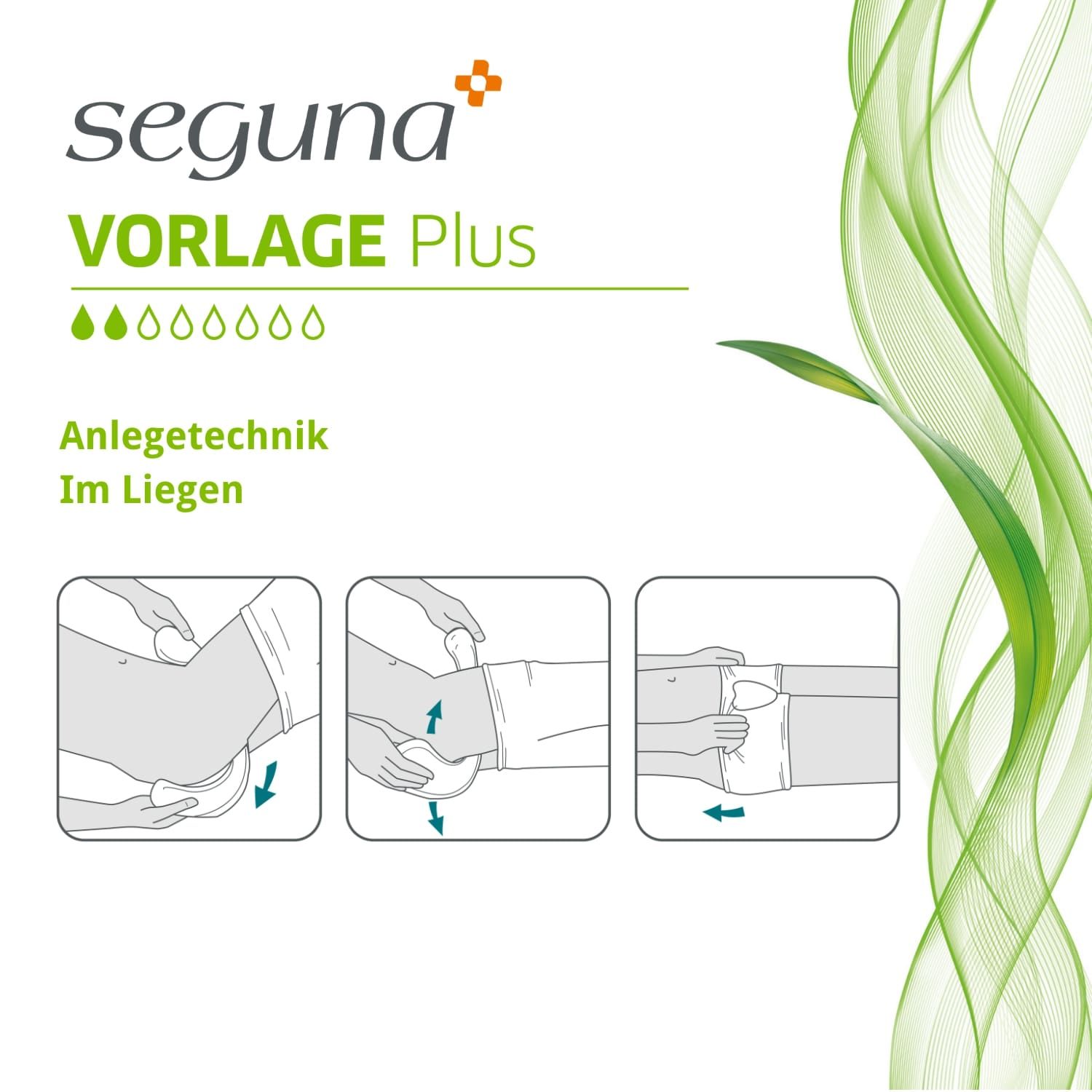 Anleitung zur Anwendung von SEGUNA VORLAGE Plus im Liegen. Illustration der Schritte.